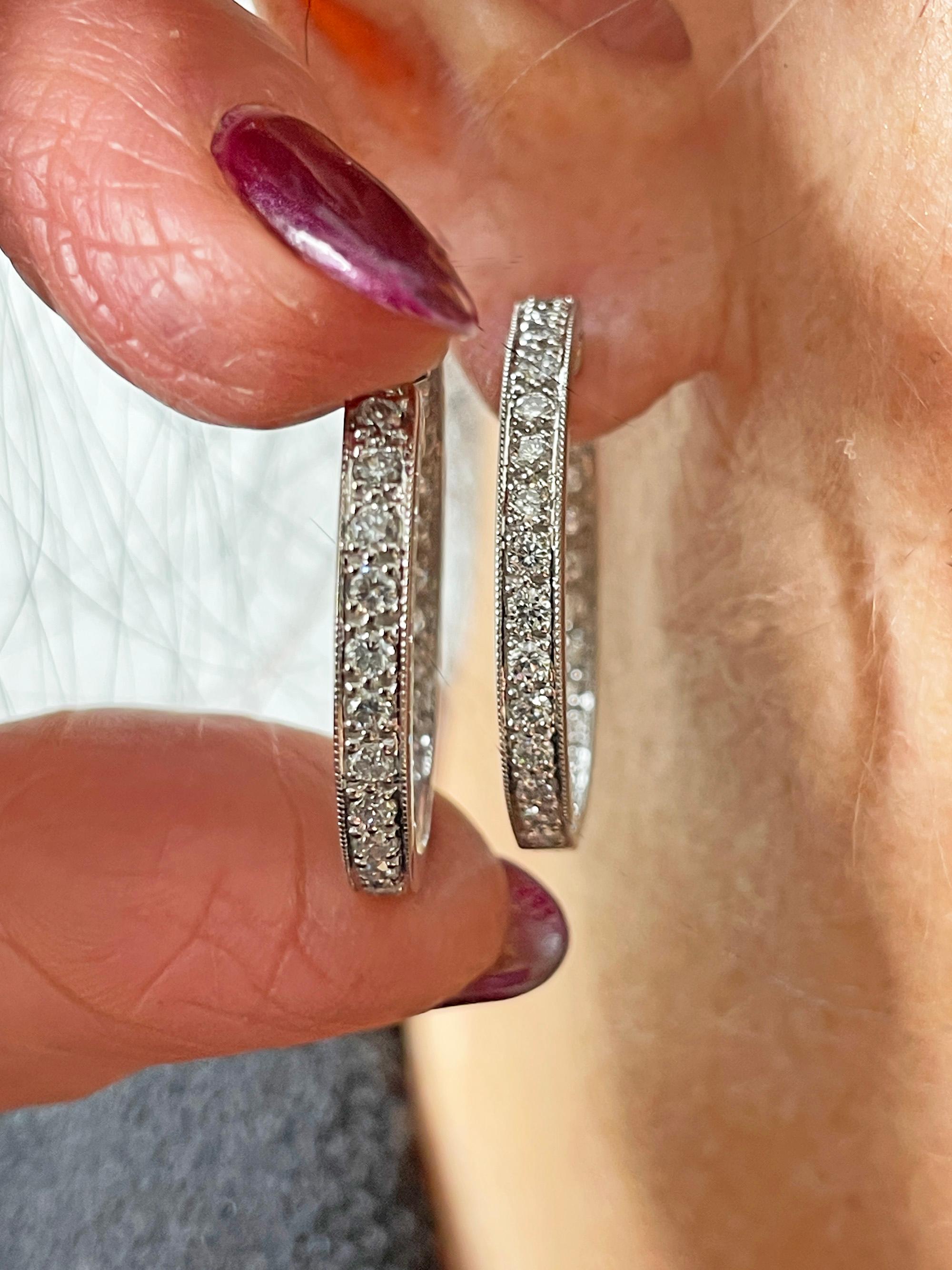 Women's Inside Out Estate Round Pave 3.0ctw Diamond 14k White Gold 30mm Hoop Earrings For Sale