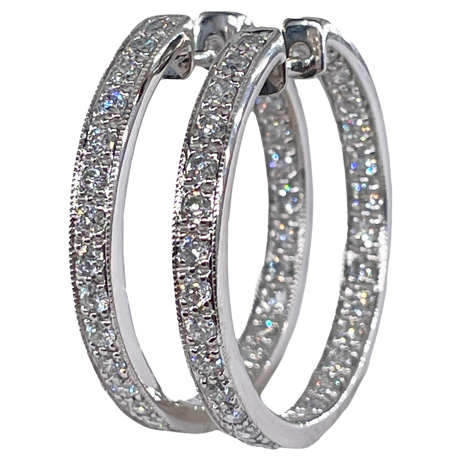 Inside Out Estate Round Pave 3.0ctw Diamond 14k White Gold 30mm Hoop Earrings For Sale
