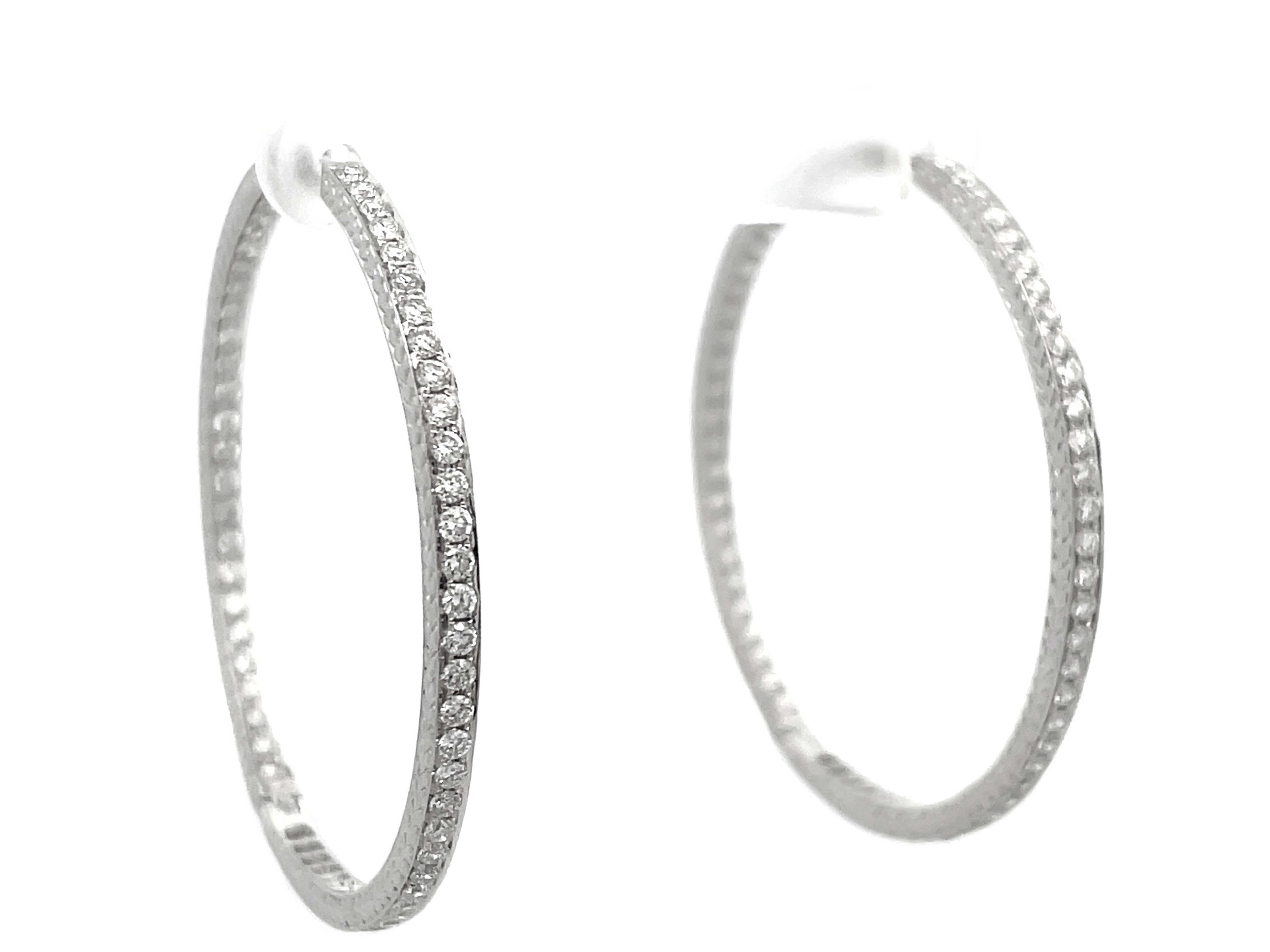 Modern Inside Out Hand Engraved Large Diamond Hoop Earrings in 18k White Gold For Sale