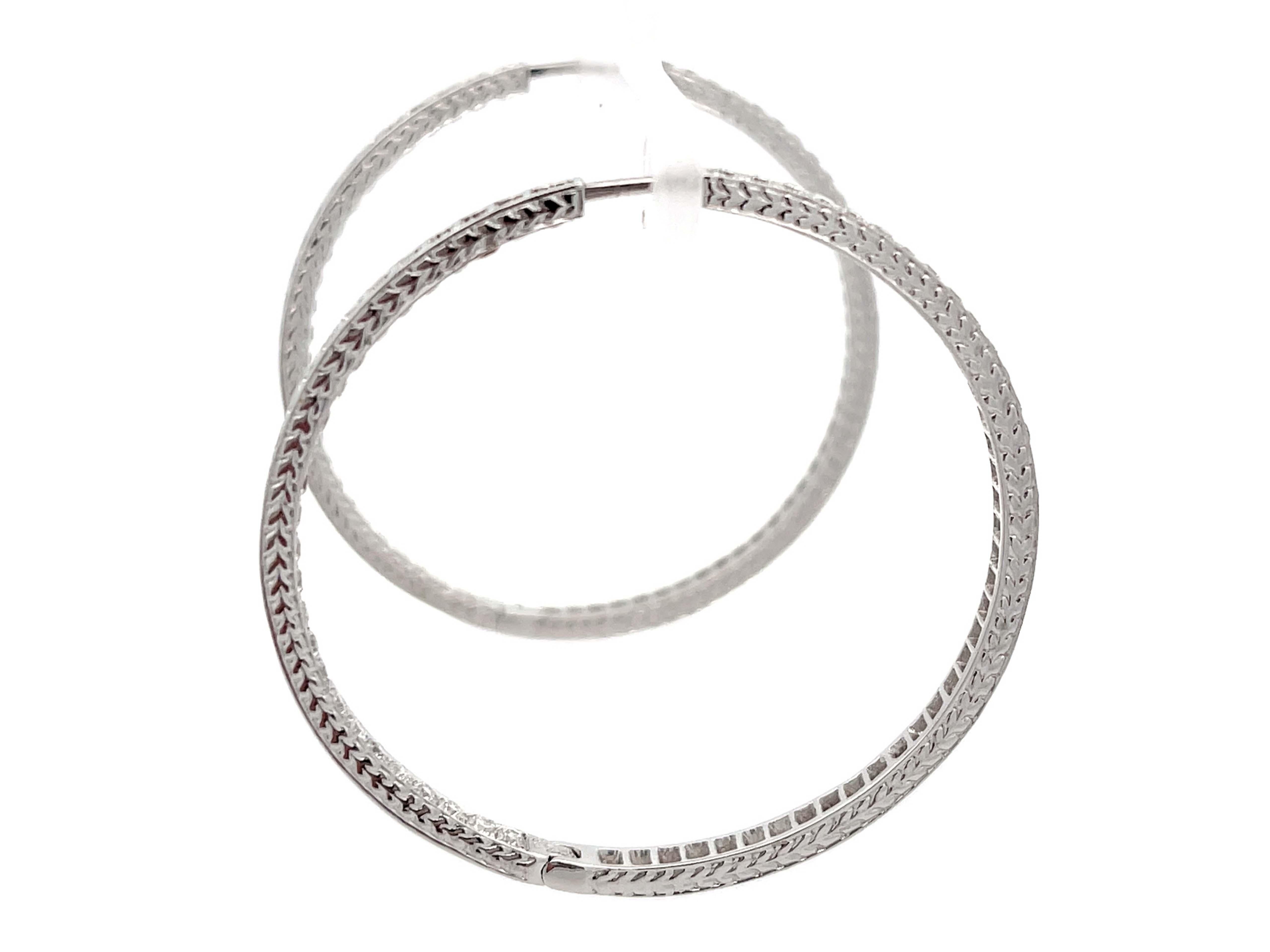 Brilliant Cut Inside Out Hand Engraved Large Diamond Hoop Earrings in 18k White Gold For Sale