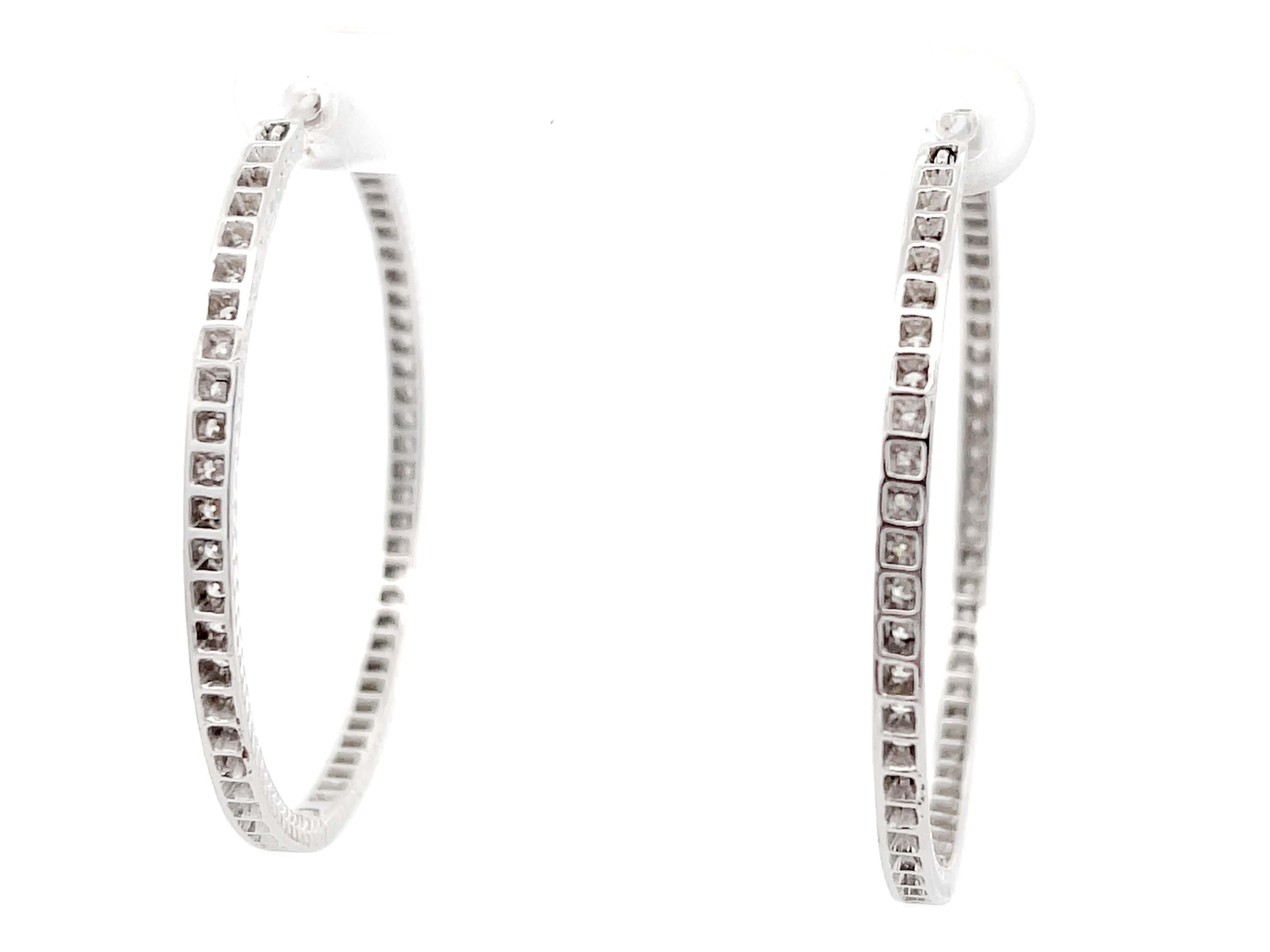 Women's Inside Out Hand Engraved Large Diamond Hoop Earrings in 18k White Gold For Sale