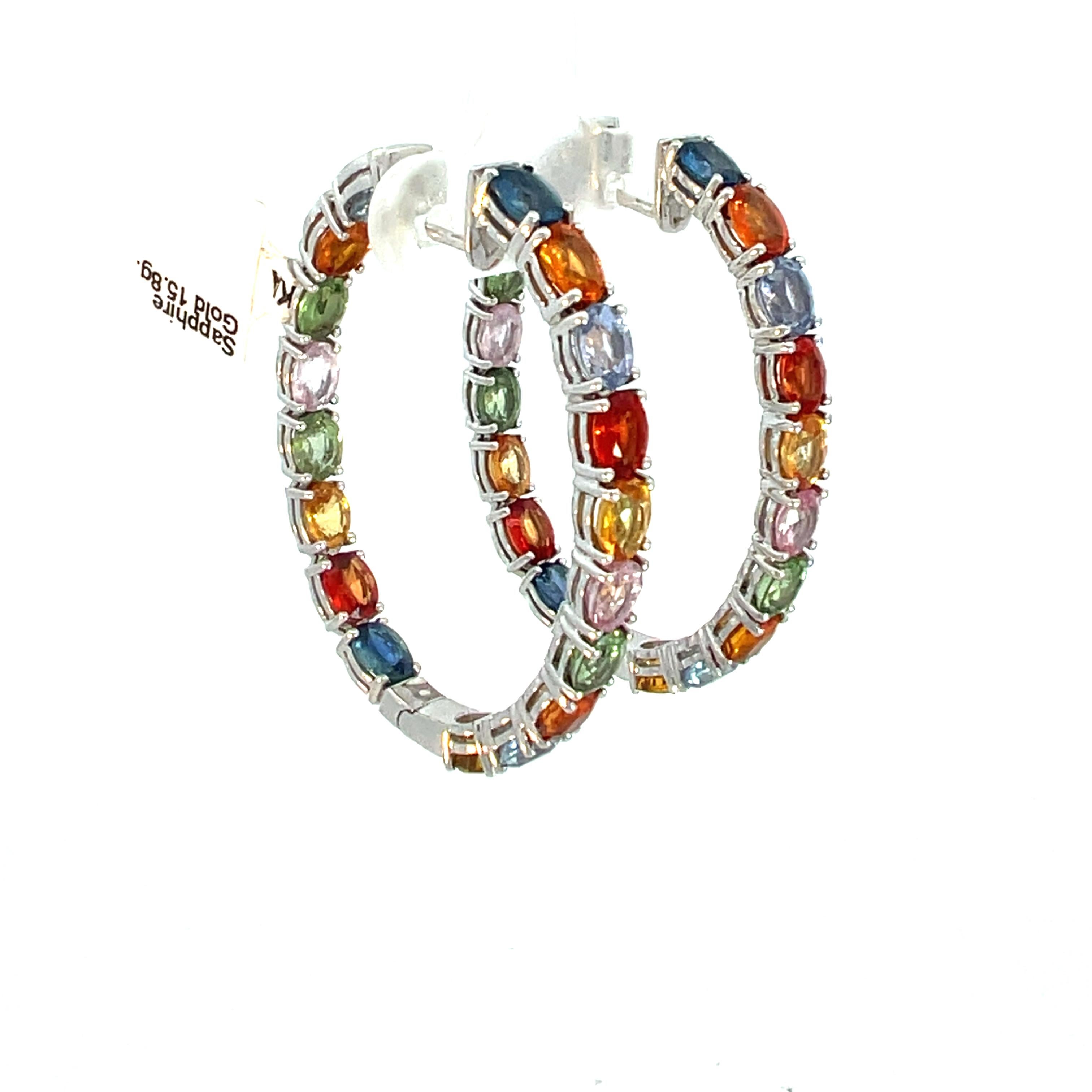 Oval Cut Inside-Out Hoop Earrings with Vibrant Multi-Color Sapphires For Sale