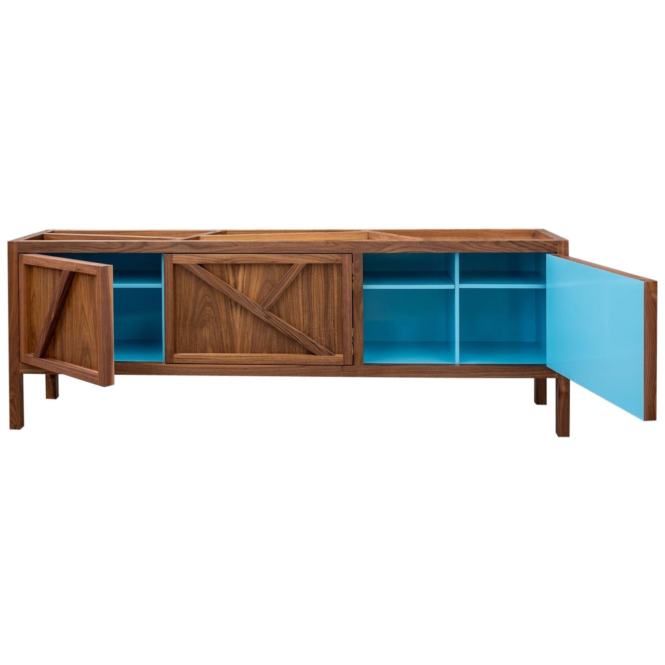 Inside-Out Largo Credenza TV Cabinet, Blue Lacquer interior, Walnut wood