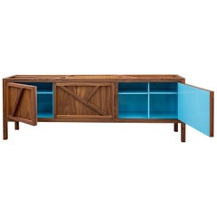 Inside-Out Largo Credenza TV Cabinet, Blue Lacquer interior, Walnut wood