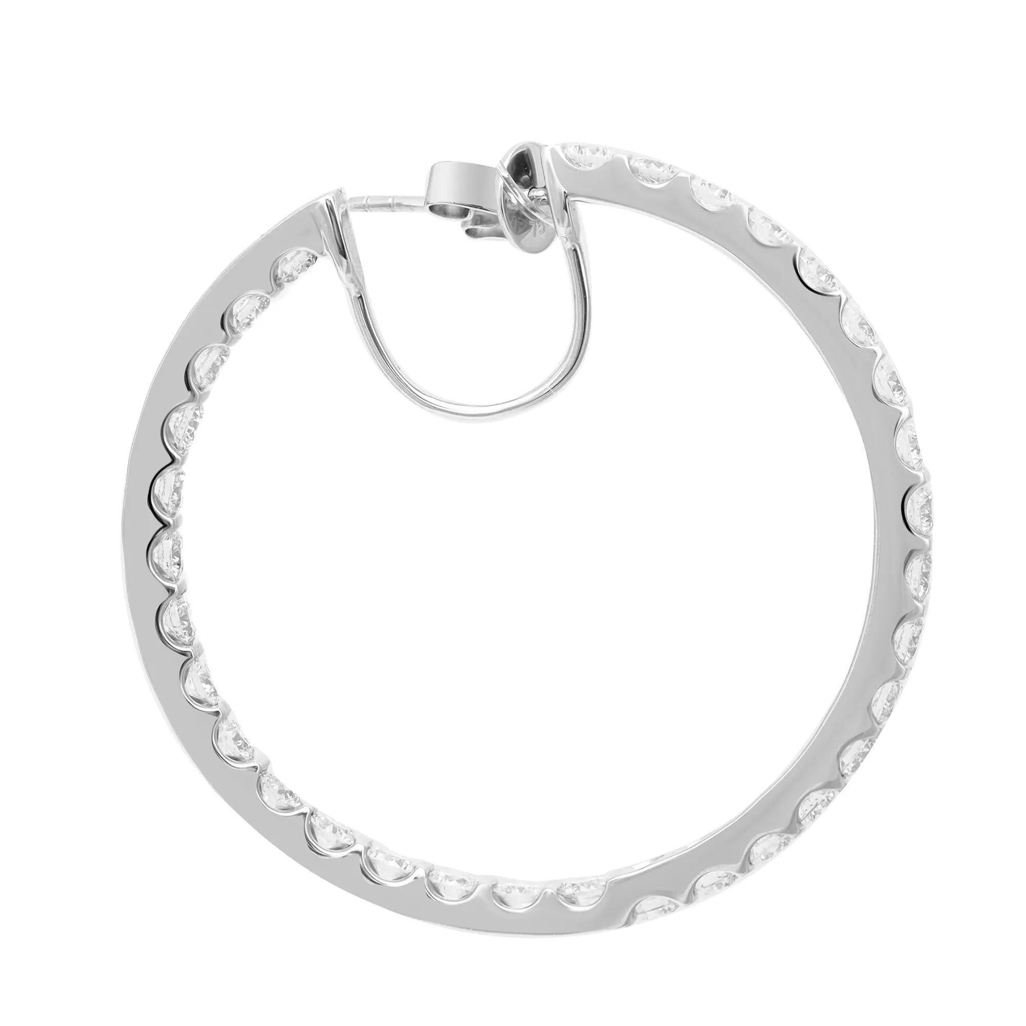 Modern Inside Out Round Cut Diamond Hoop Earrings 18K White Gold 4.76Cttw 1.5 Inches For Sale