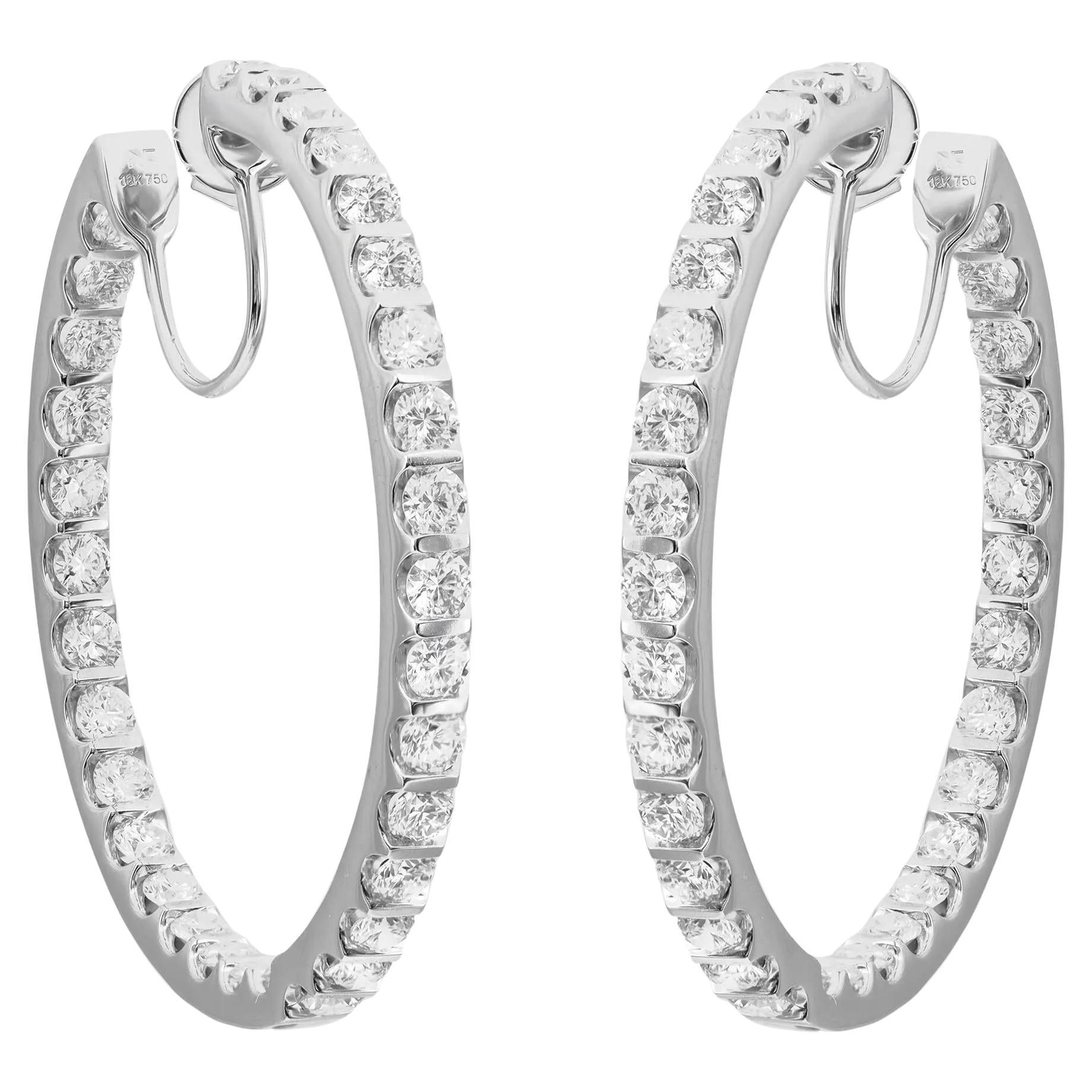 Inside Out Round Cut Diamond Hoop Earrings 18K White Gold 4.76Cttw 1.5 Inches For Sale