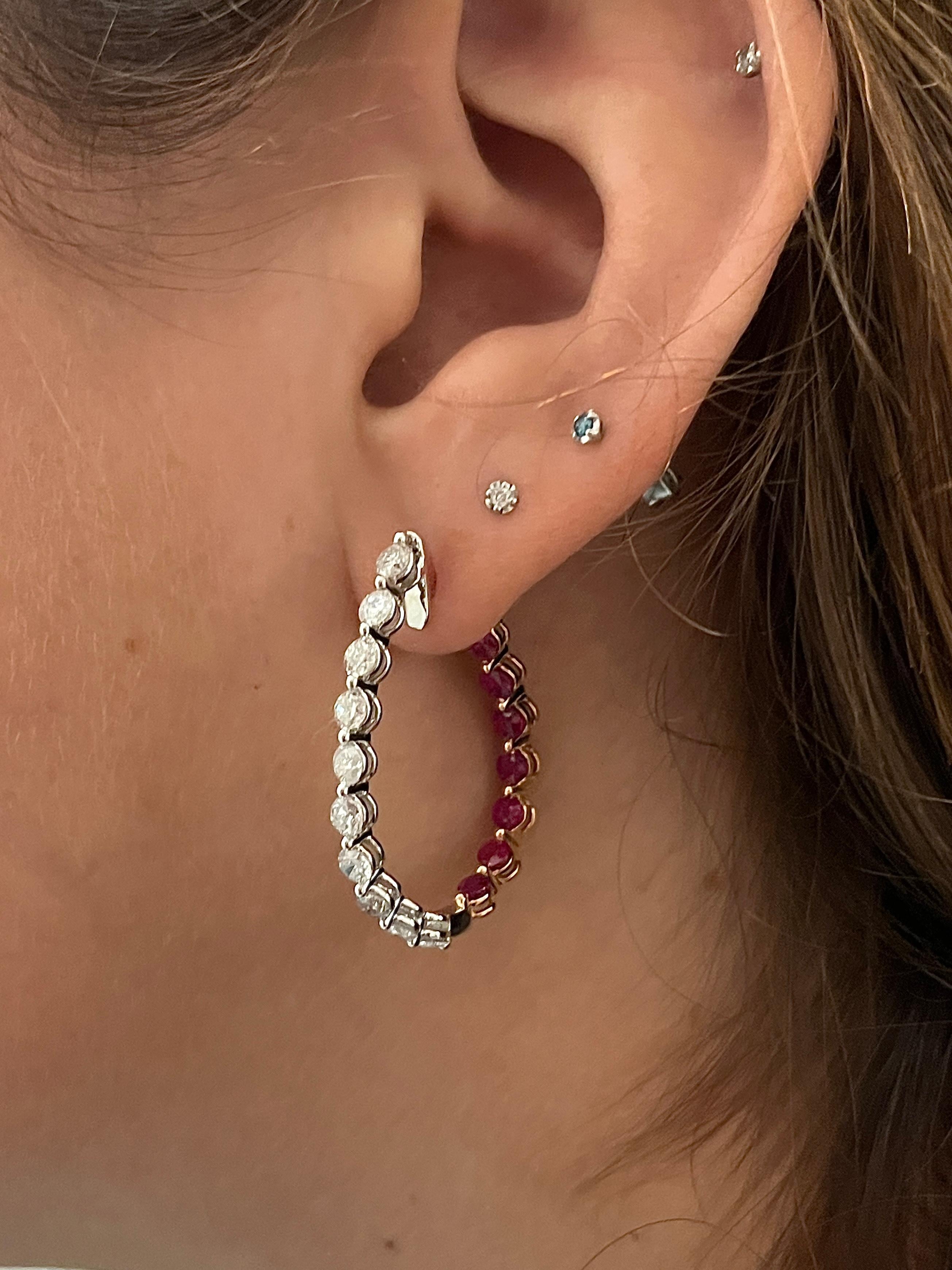 Inside Out Round Diamond and Ruby Curved Hoop Earrings in 18K Gold For Sale 4