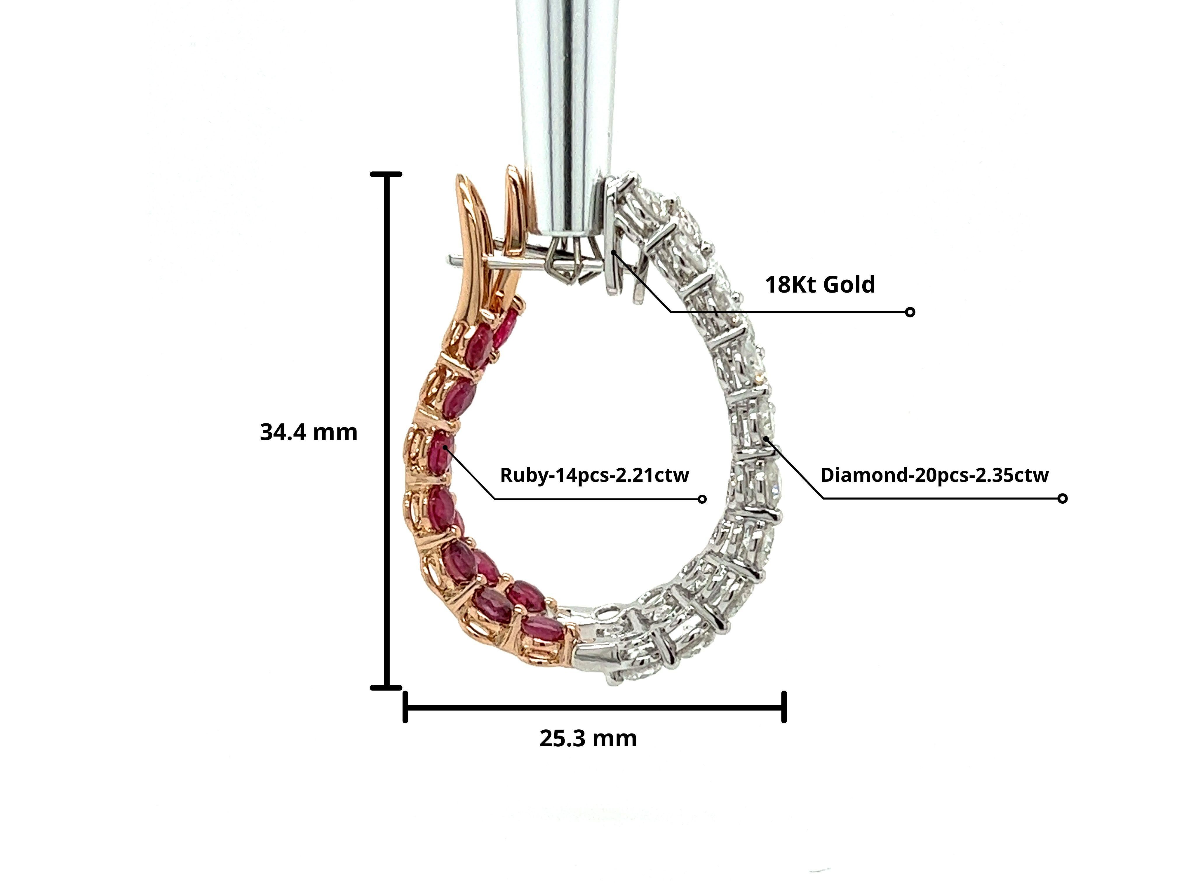 Inside Out Round Diamond and Ruby Curved Hoop Earrings in 18K Gold For Sale 1