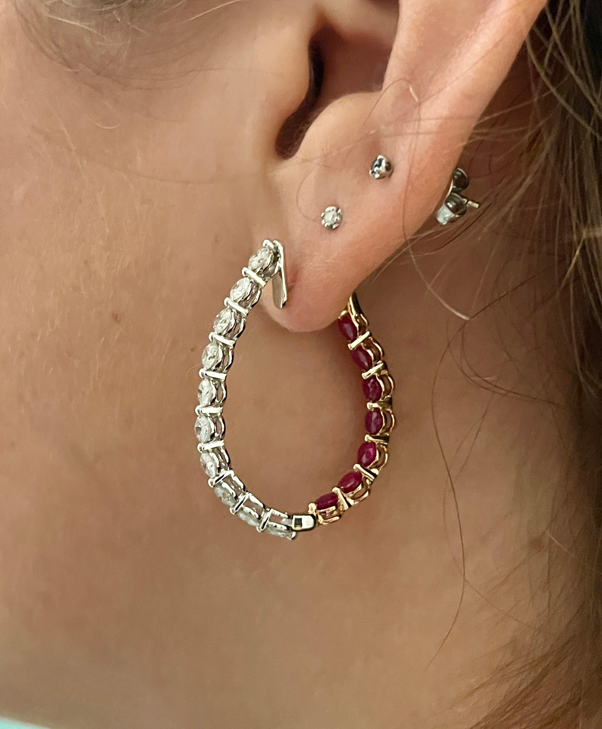 Inside Out Round Diamond and Ruby Curved Hoop Earrings in 18K Gold For Sale 2