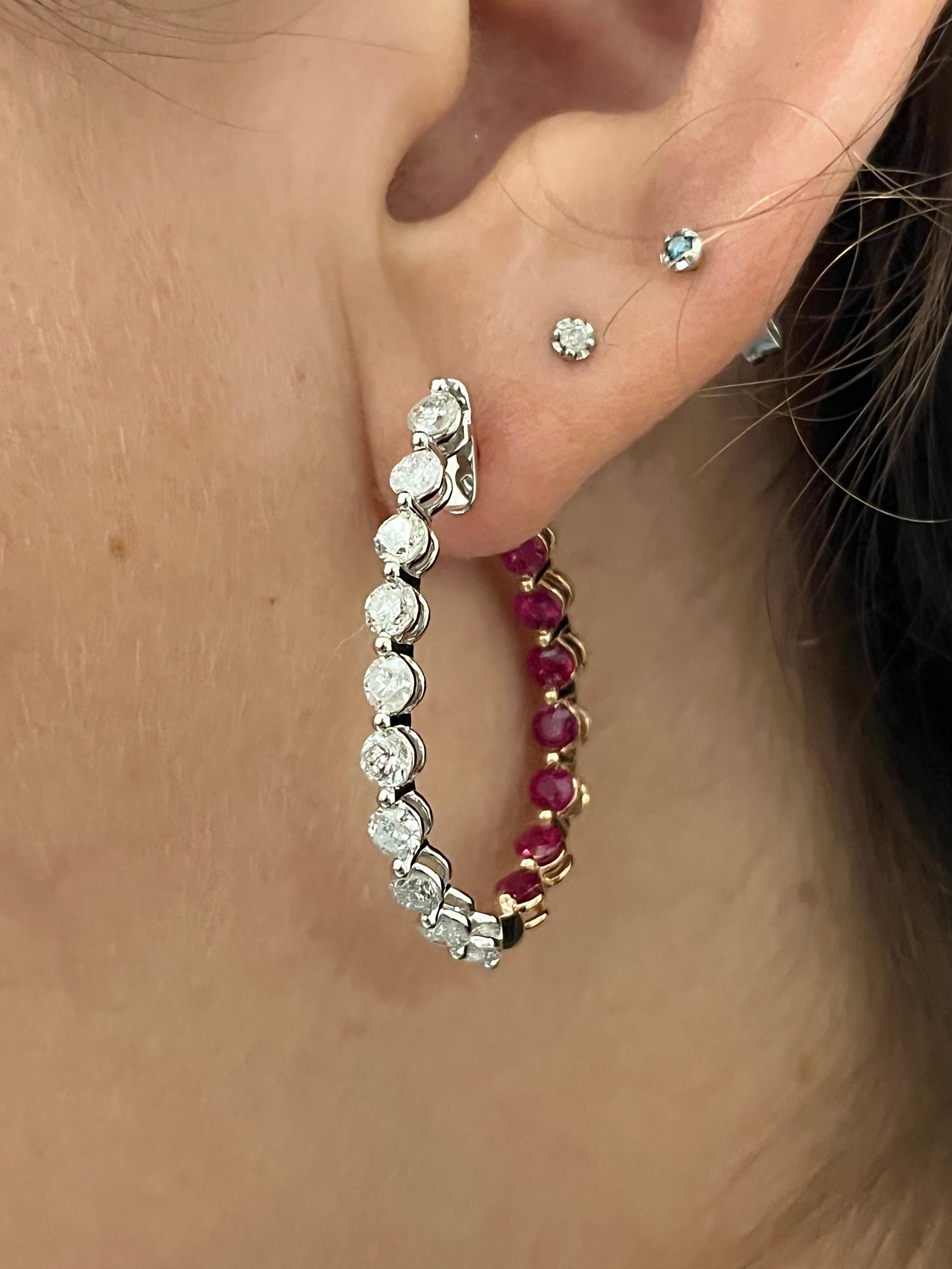Inside Out Round Diamond and Ruby Curved Hoop Earrings in 18K Gold For Sale 3