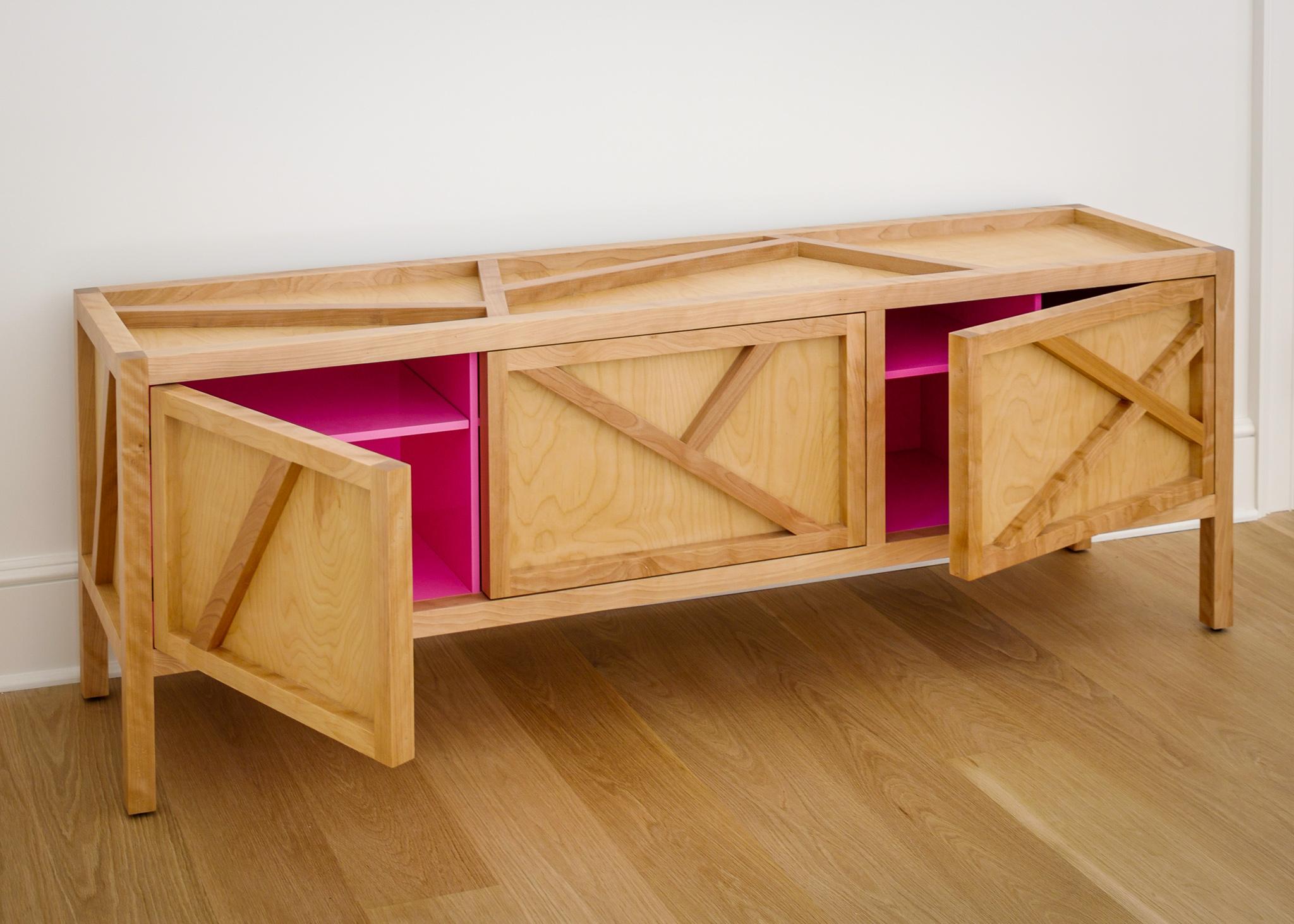 Modern Inside-Out sideboard Cabinet Largo, Fine Lacquer Pink Credenza cupboard in birch For Sale
