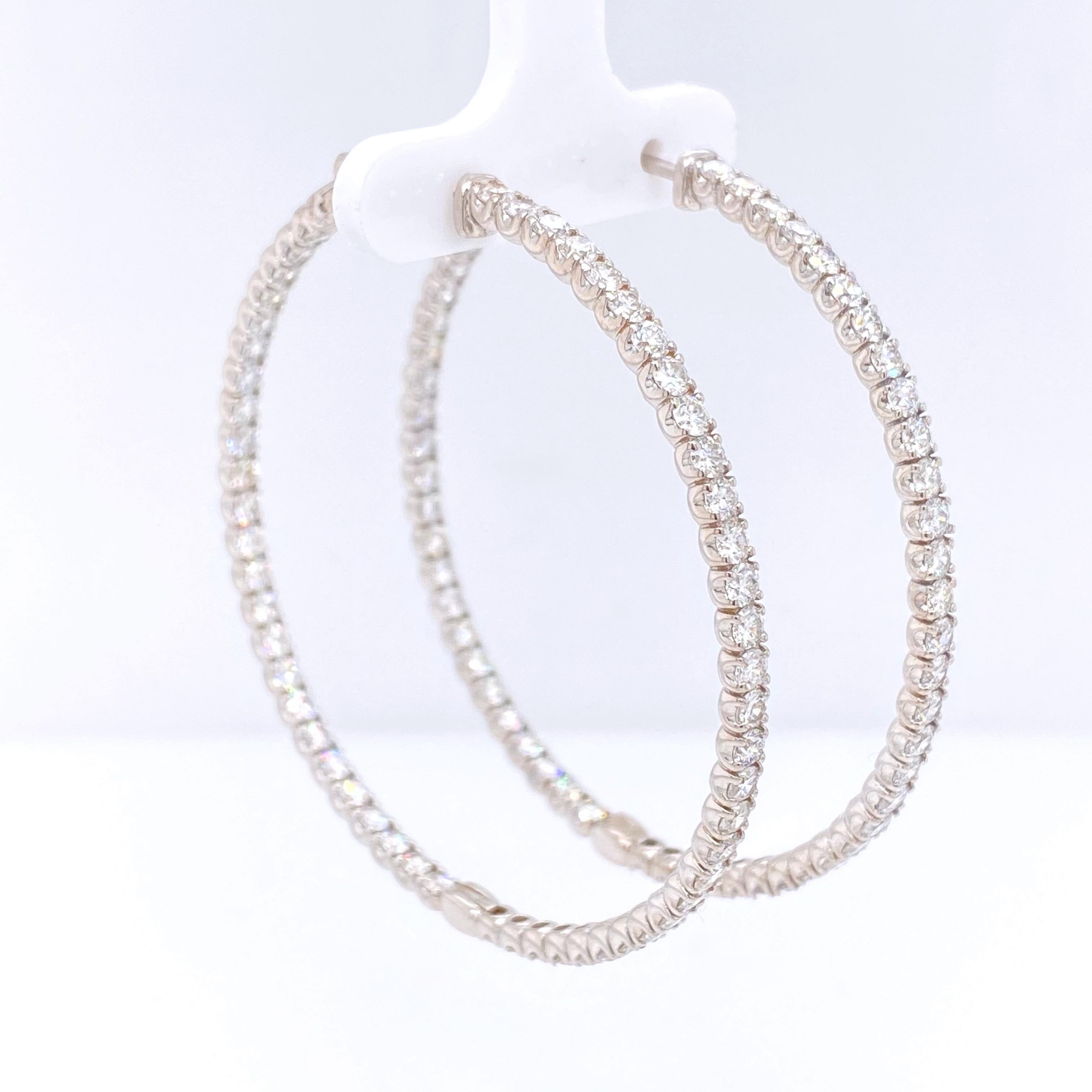 Inside Outside Round Brilliant Diamond Hoop Earrings 14 Karat Gold 7.00 Carat For Sale 5