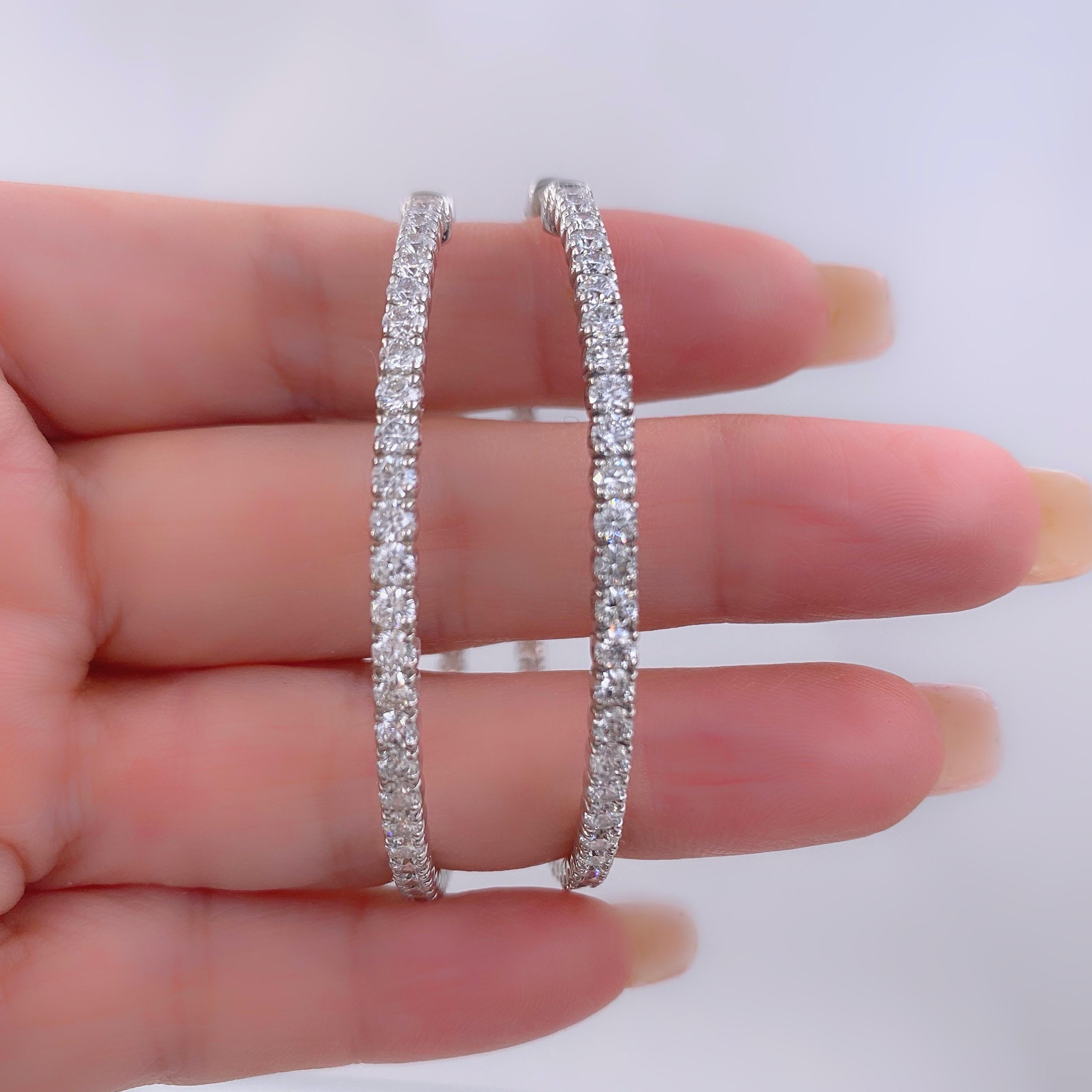Taille ronde Créoles en or 14 carats avec diamants ronds et brillants à l'intérieur et à l'extérieur, 7,00 carats en vente