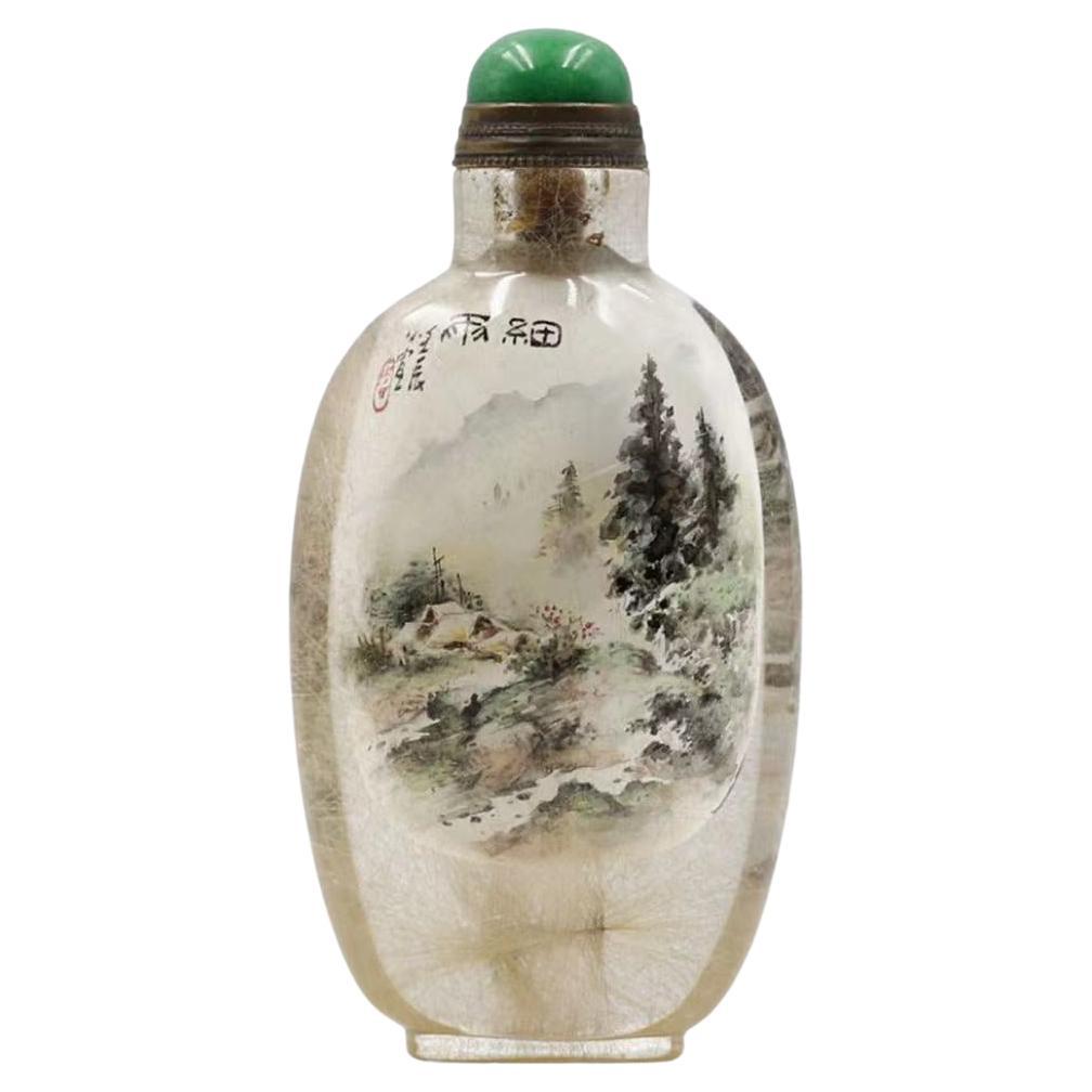 Innen bemaltes Kristall, Schnupftabakflasche "Regentag" von Zhang Zenlou, 2012 im Angebot