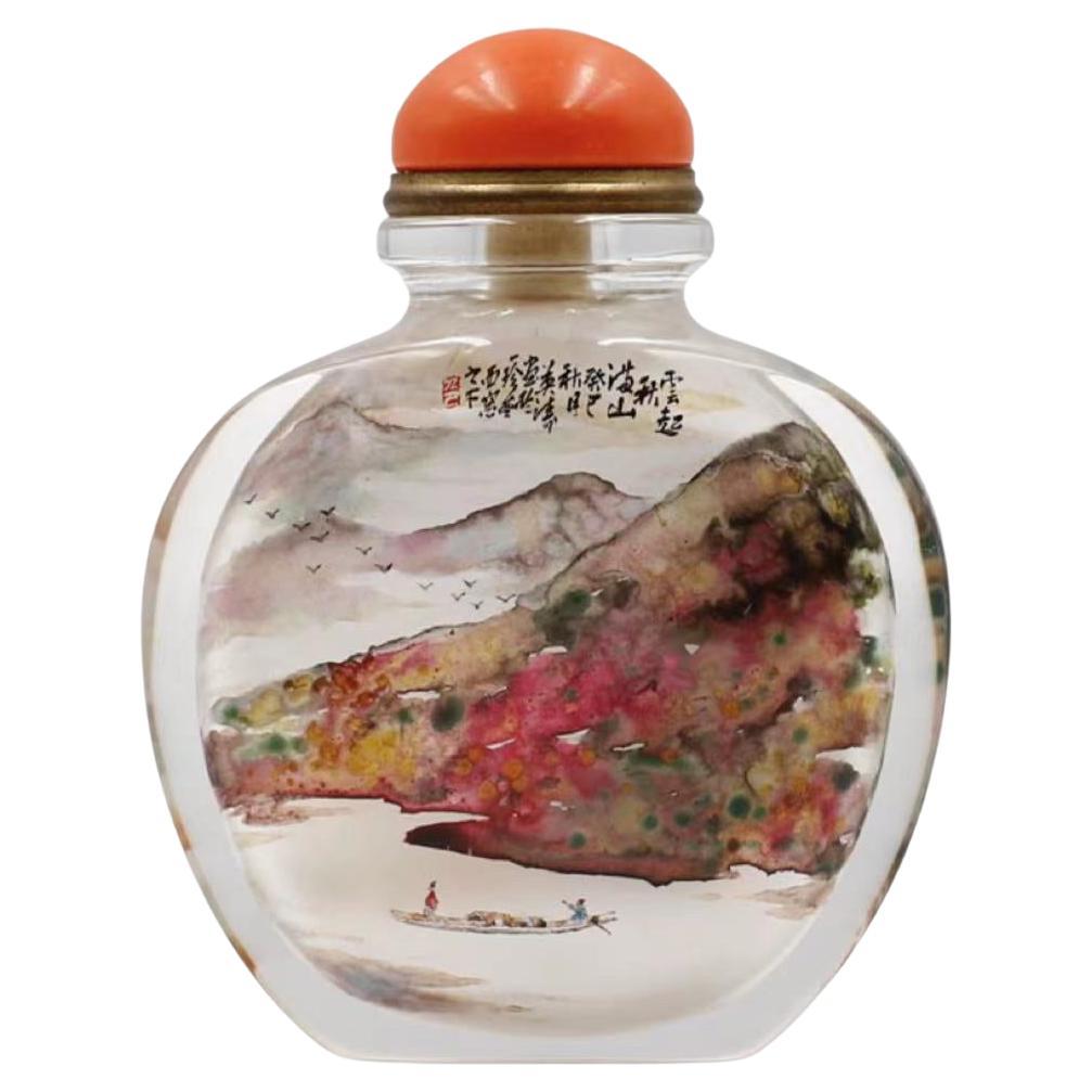 Inside Painted Rock Crystal, "Autumn Mountain" Snuff Bottle by Li Yingtao, 2013 For Sale