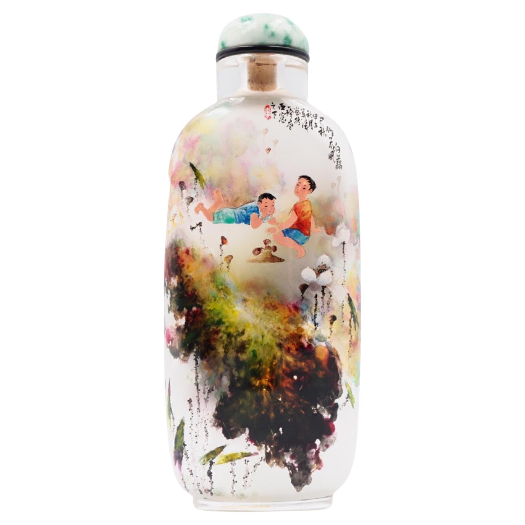 Schnupftabakflasche "Weißer Lotus" aus bemaltem Bergkristall von Li Yingtao, 2014 im Angebot