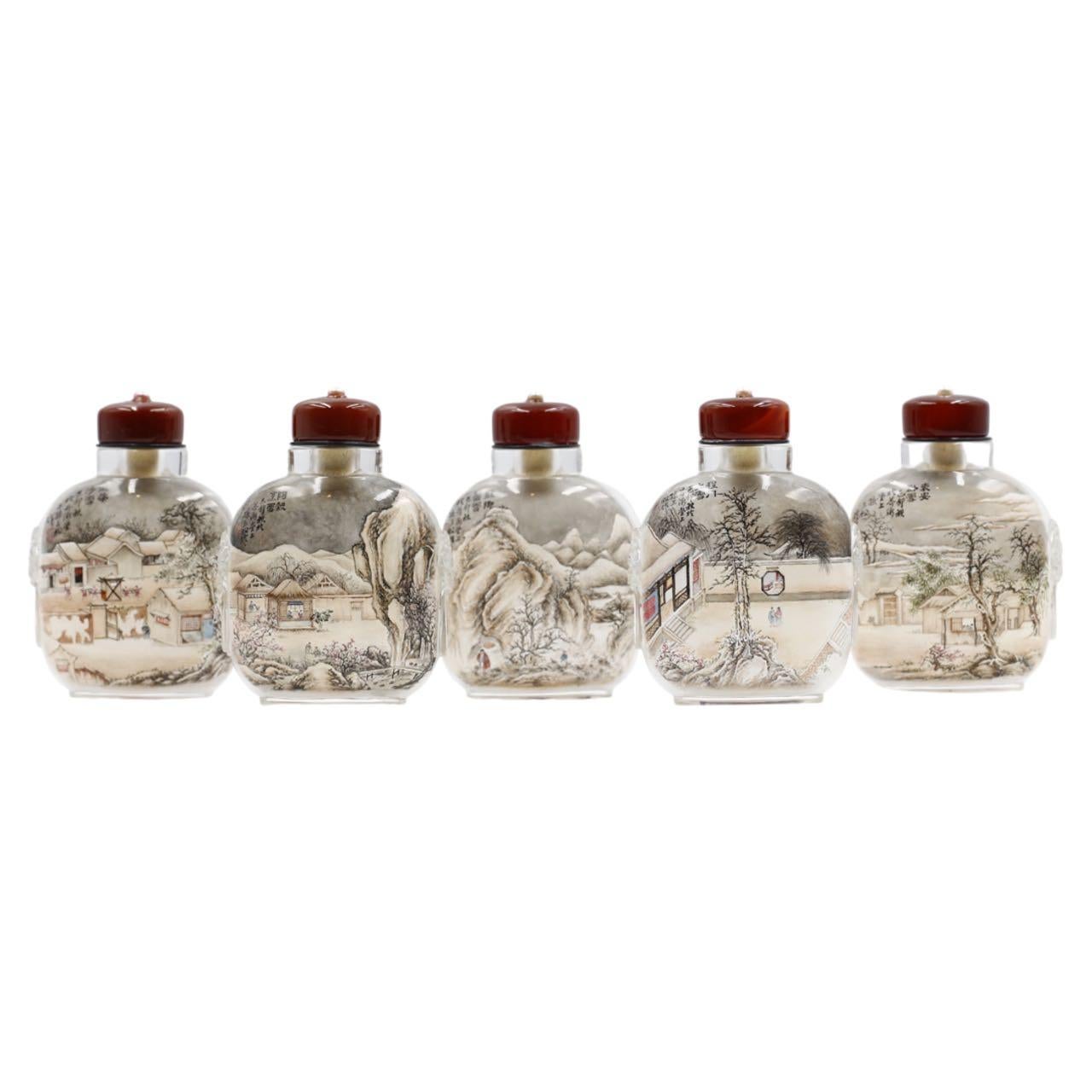 Modern Inside Painted Snuff Bottles, Ten Pieces Snow Landscapes by Sun Sansong 1999 For Sale