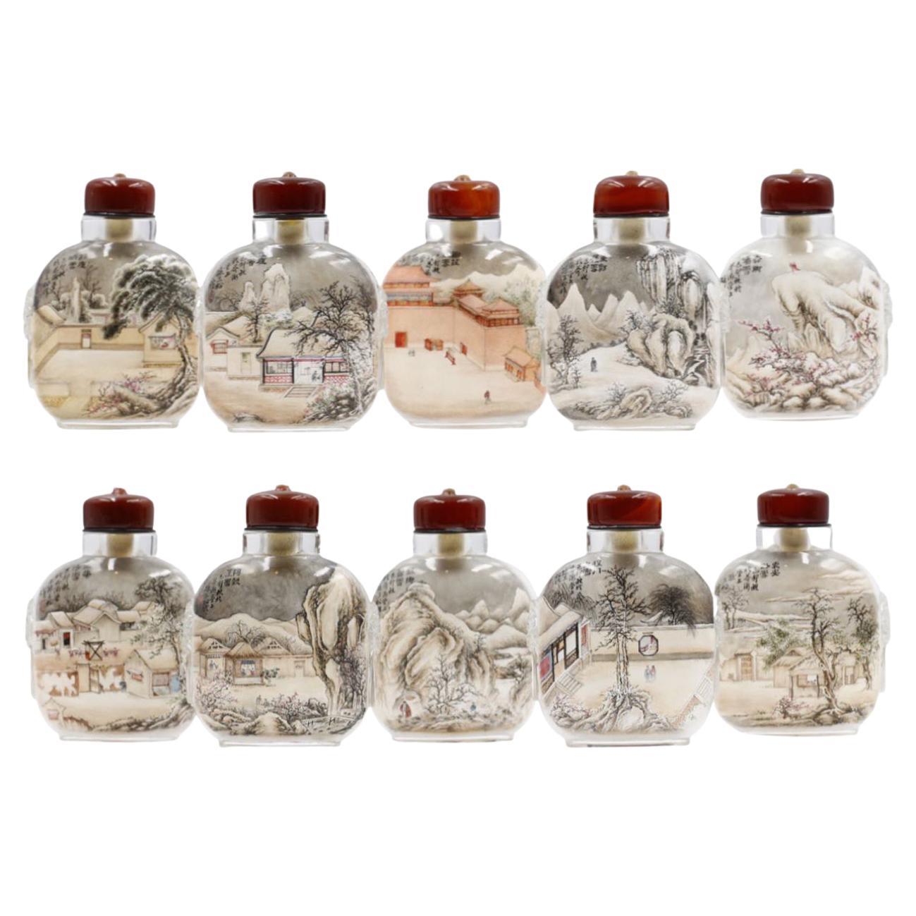 Inside Painted Snuff Bottles, Ten Pieces Snow Landscapes by Sun Sansong 1999 For Sale