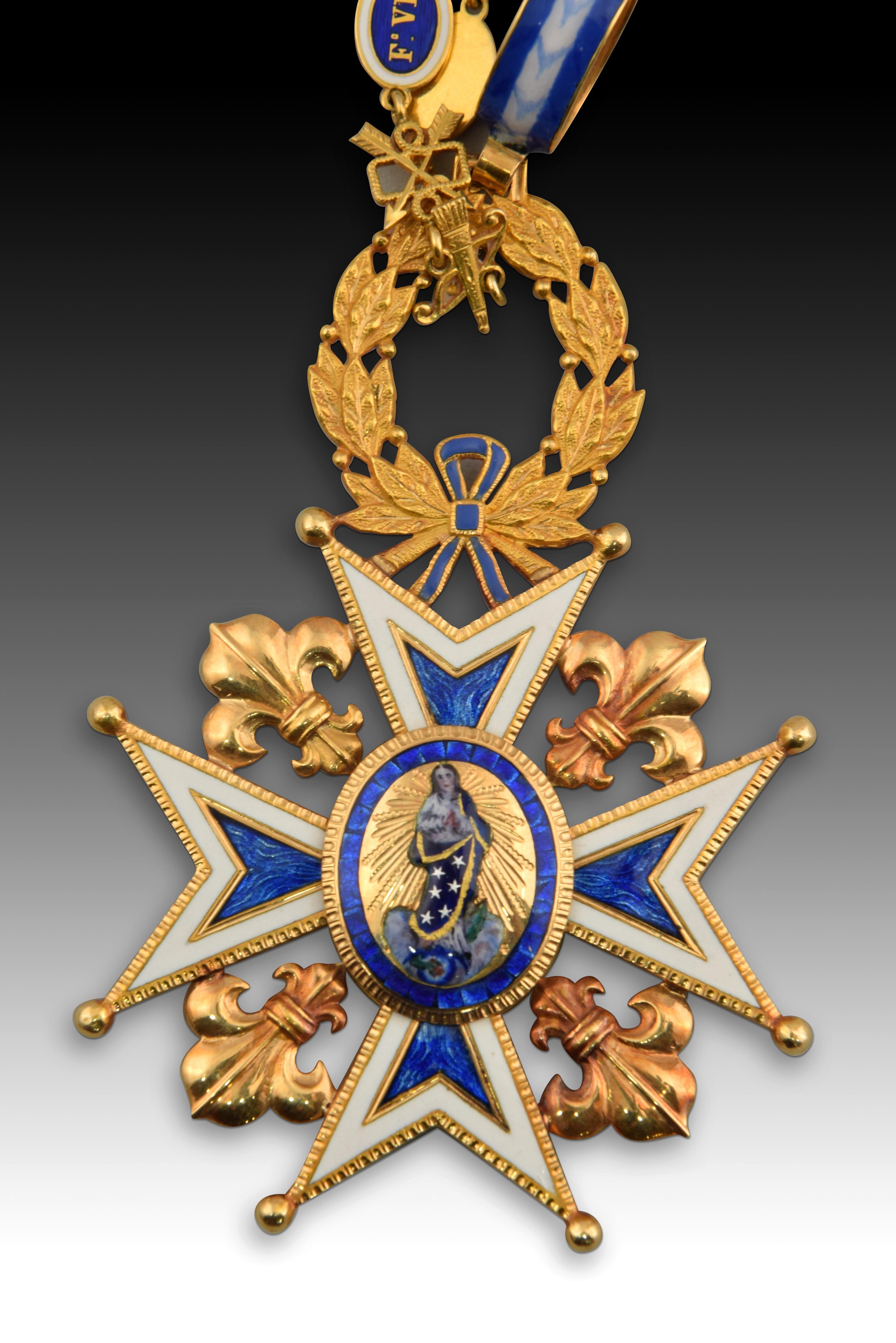 Badge of the Royal and Distinguished Spanish Order of Carlos III and necklace of the Royal Order of Isabella the Catholic. Gold, enamel. Spain, XIX century. 
Possible insignia of knighthood or commander's degree composed of an enameled ring from
