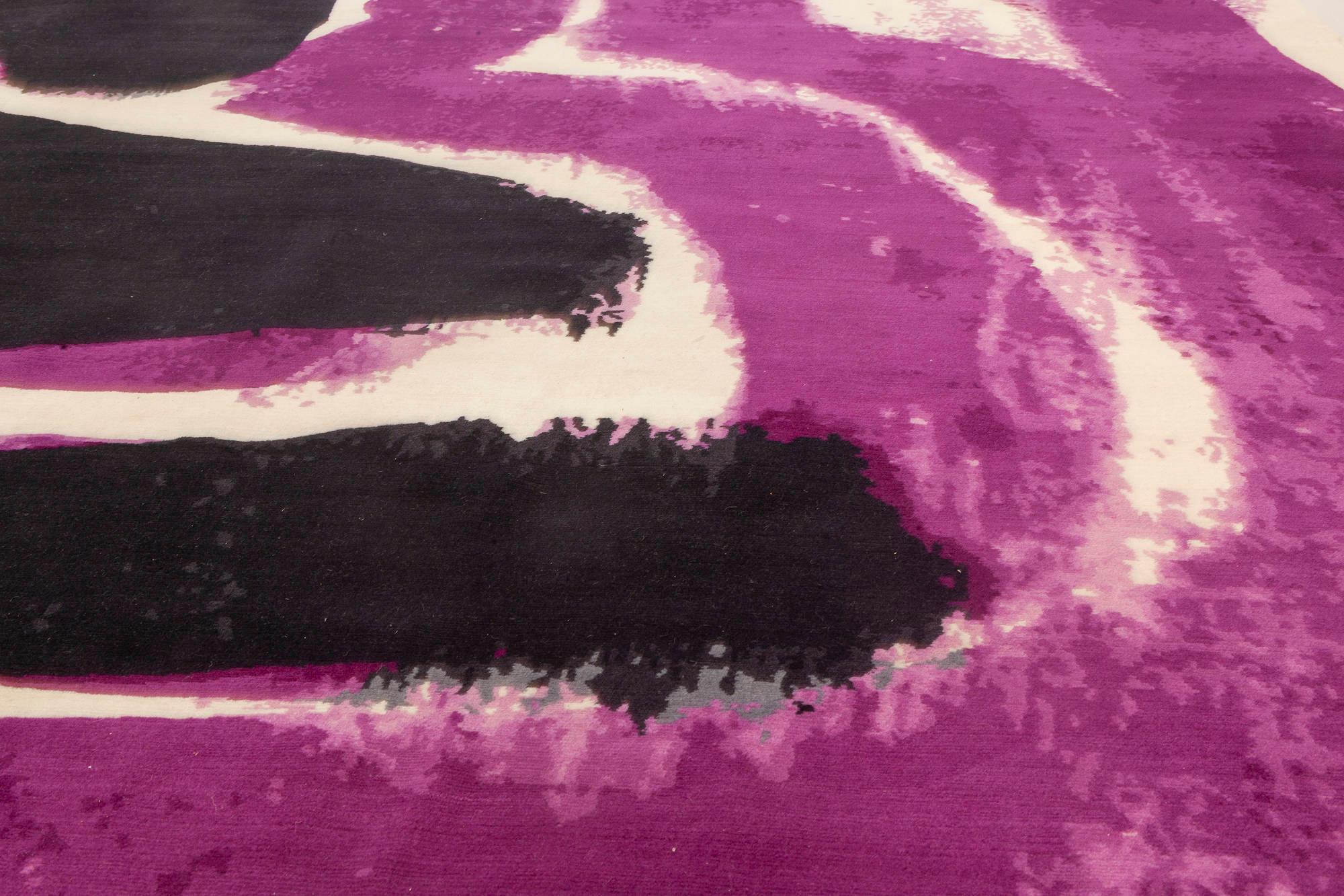 Hand-Knotted Contemporary Abstract Purple, White & Black Hand-knotted Wool Curvilinear Rug