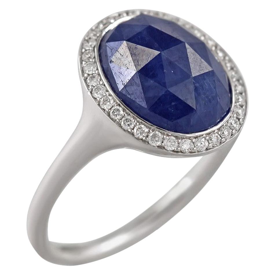 Inspired Blue Sapphire White Diamond Gold 18 Karat Ring For Sale