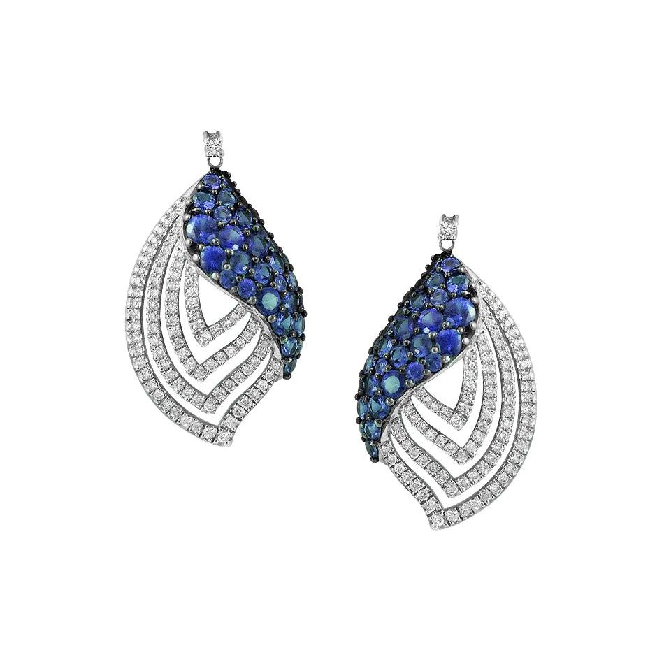 Inspired Blue Sapphire White Diamond Gold Drop Earrings