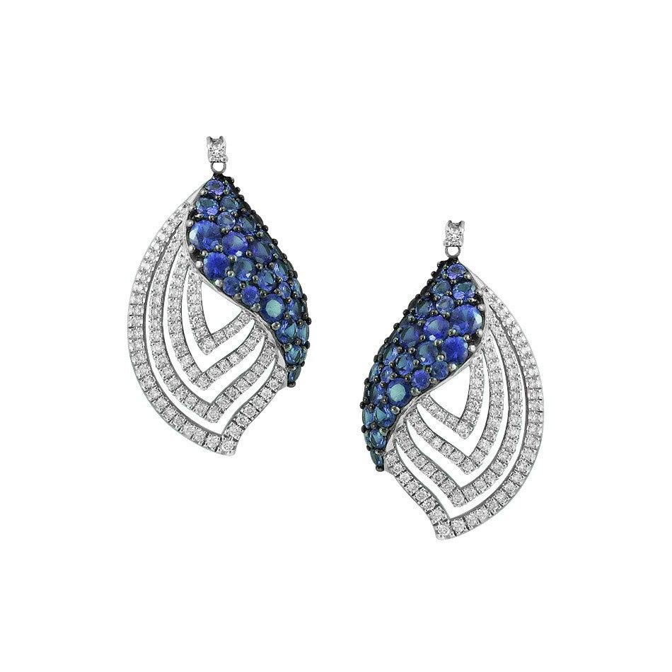 Round Cut Inspired Blue Sapphire White Diamond Gold Drop Ring For Sale