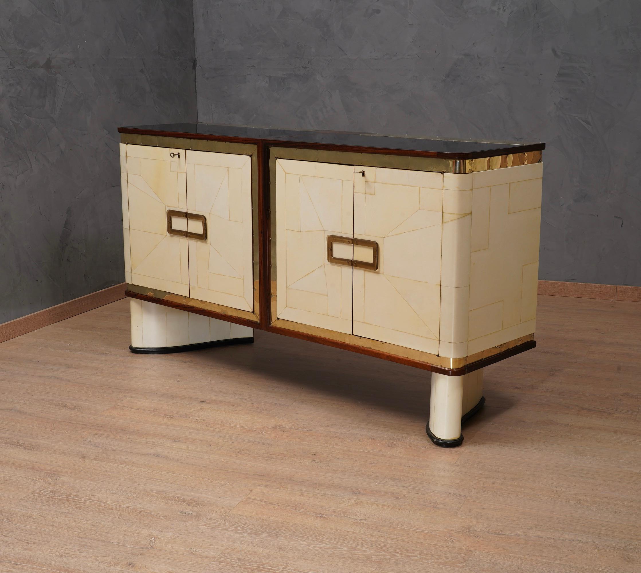 Inspired of Louis Vuitton Goatskin Glass and Brass Art Deco Sideboard, 1930 6