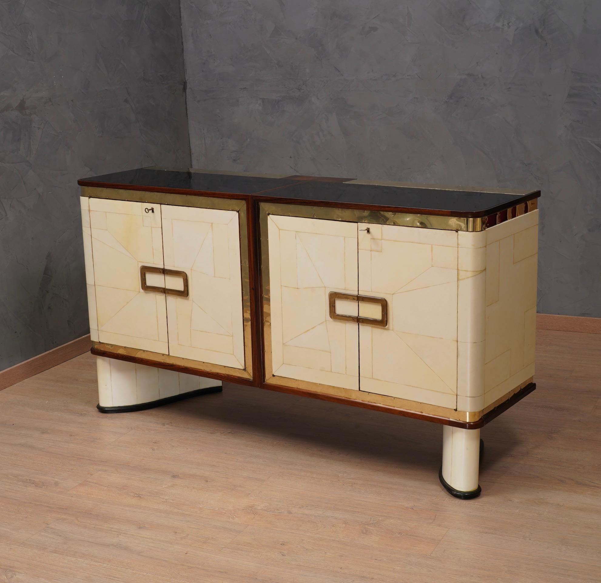 Inspired of Louis Vuitton Goatskin Glass and Brass Art Deco Sideboard, 1930 8
