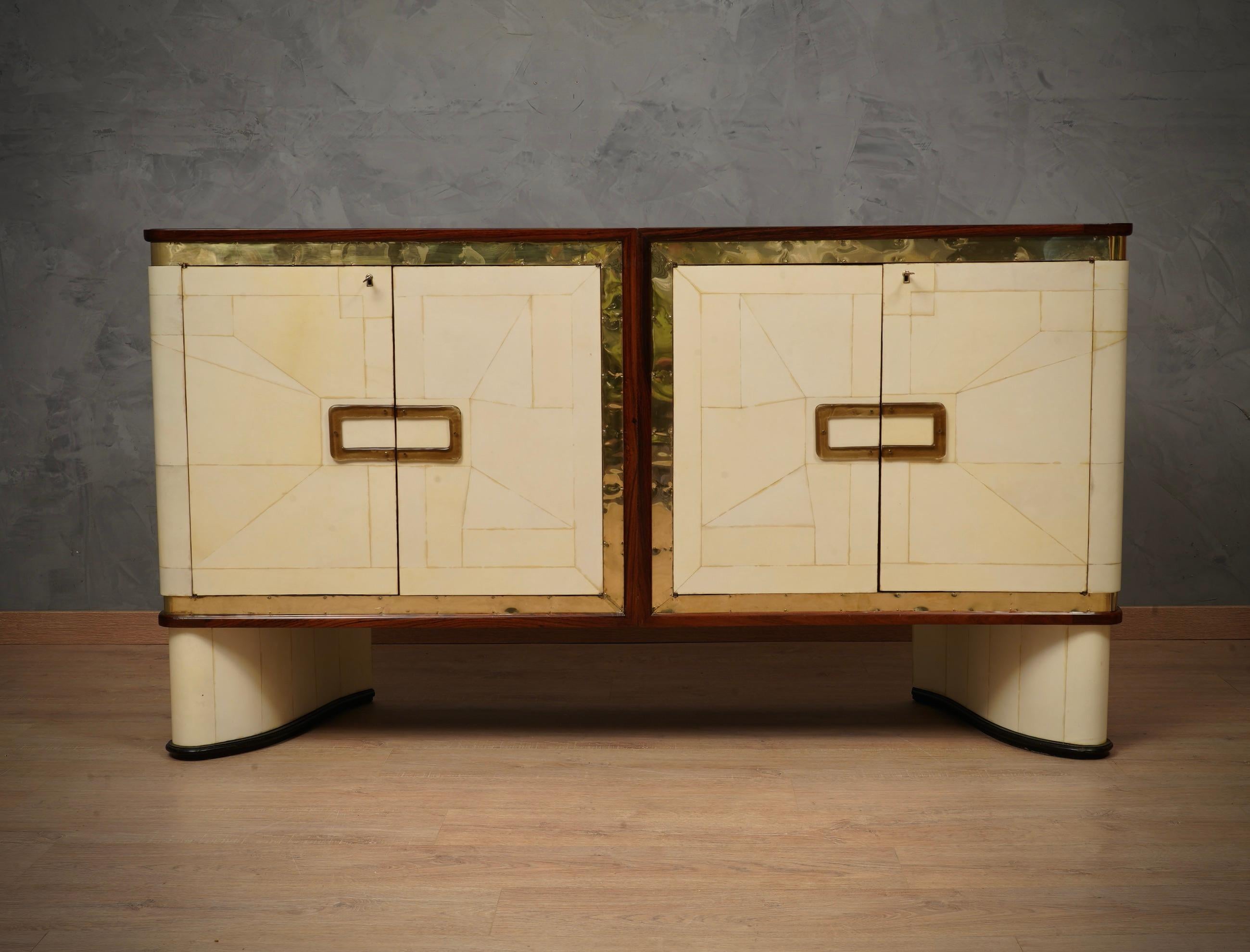 Inspired of Louis Vuitton Goatskin Glass and Brass Art Deco Sideboard, 1930 11