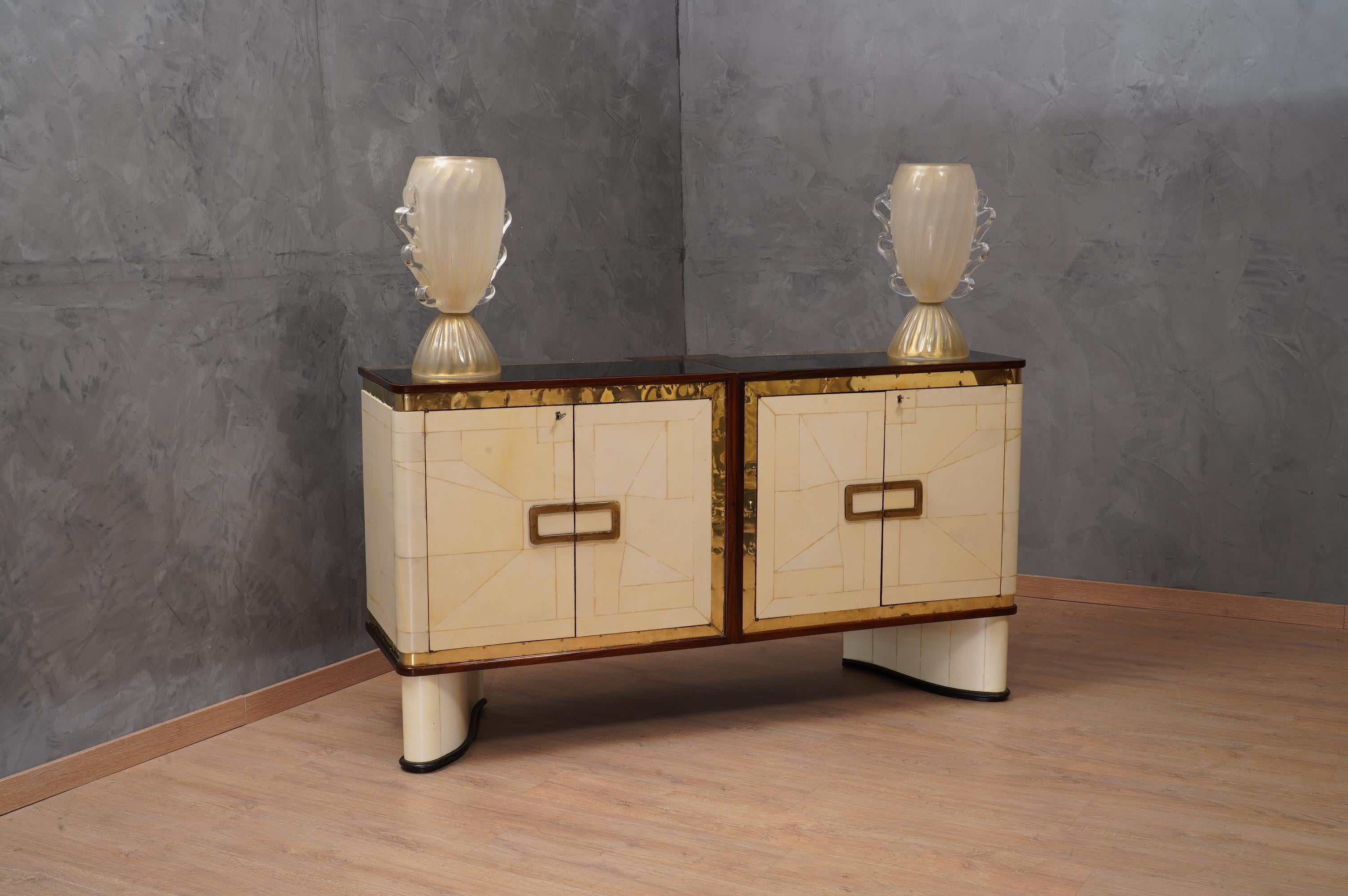 French Inspired of Louis Vuitton Goatskin Glass and Brass Art Deco Sideboard, 1930