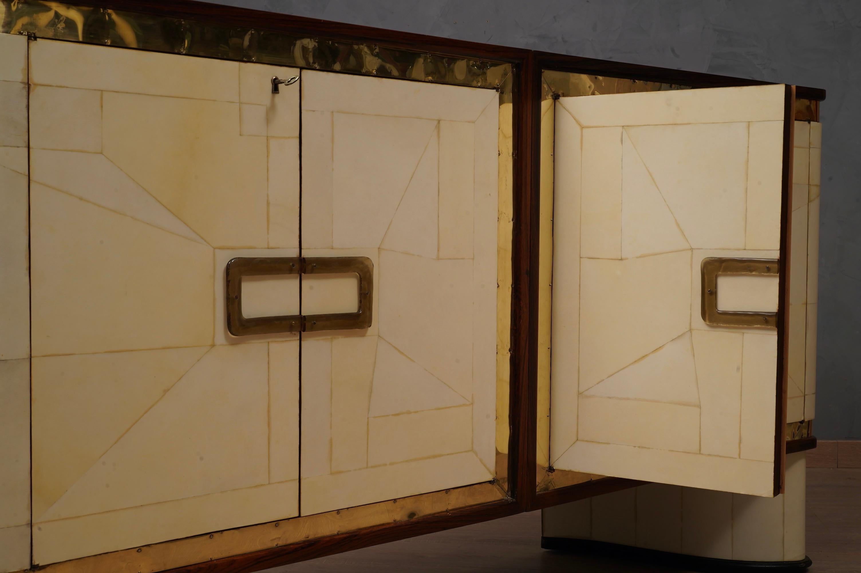 Mid-20th Century Inspired of Louis Vuitton Goatskin Glass and Brass Art Deco Sideboard, 1930