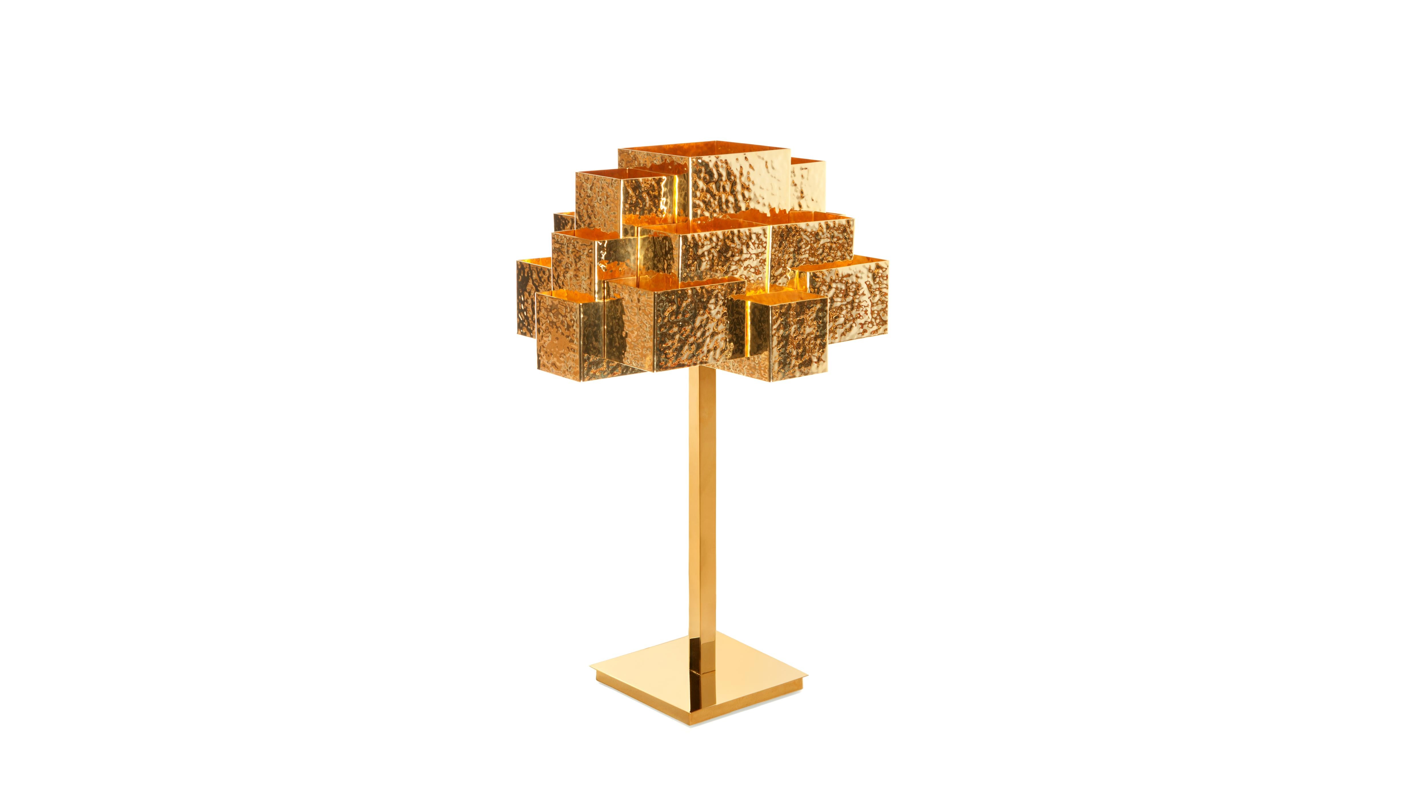 Post-Modern Inspiring Trees Hammered Golden Brass Table Lamp by InsidherLand For Sale