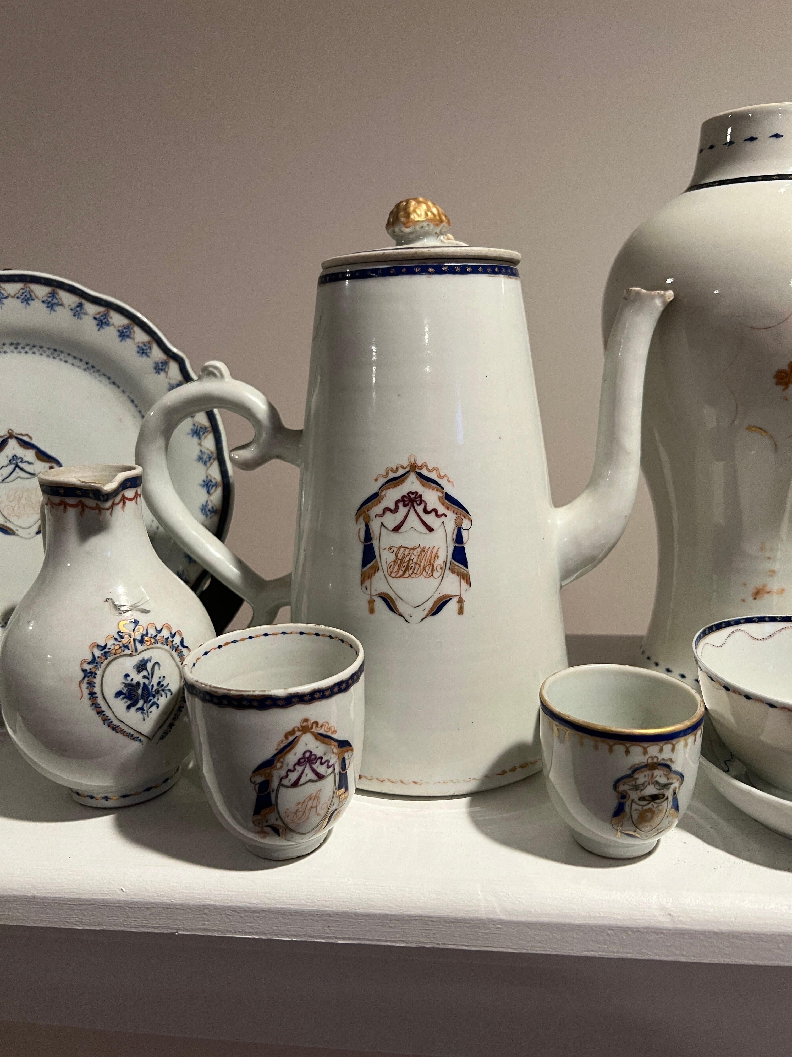 Instant Chinese Export Collection - 15 Pc Armorial Blue & White Grouping 18th C. For Sale 1
