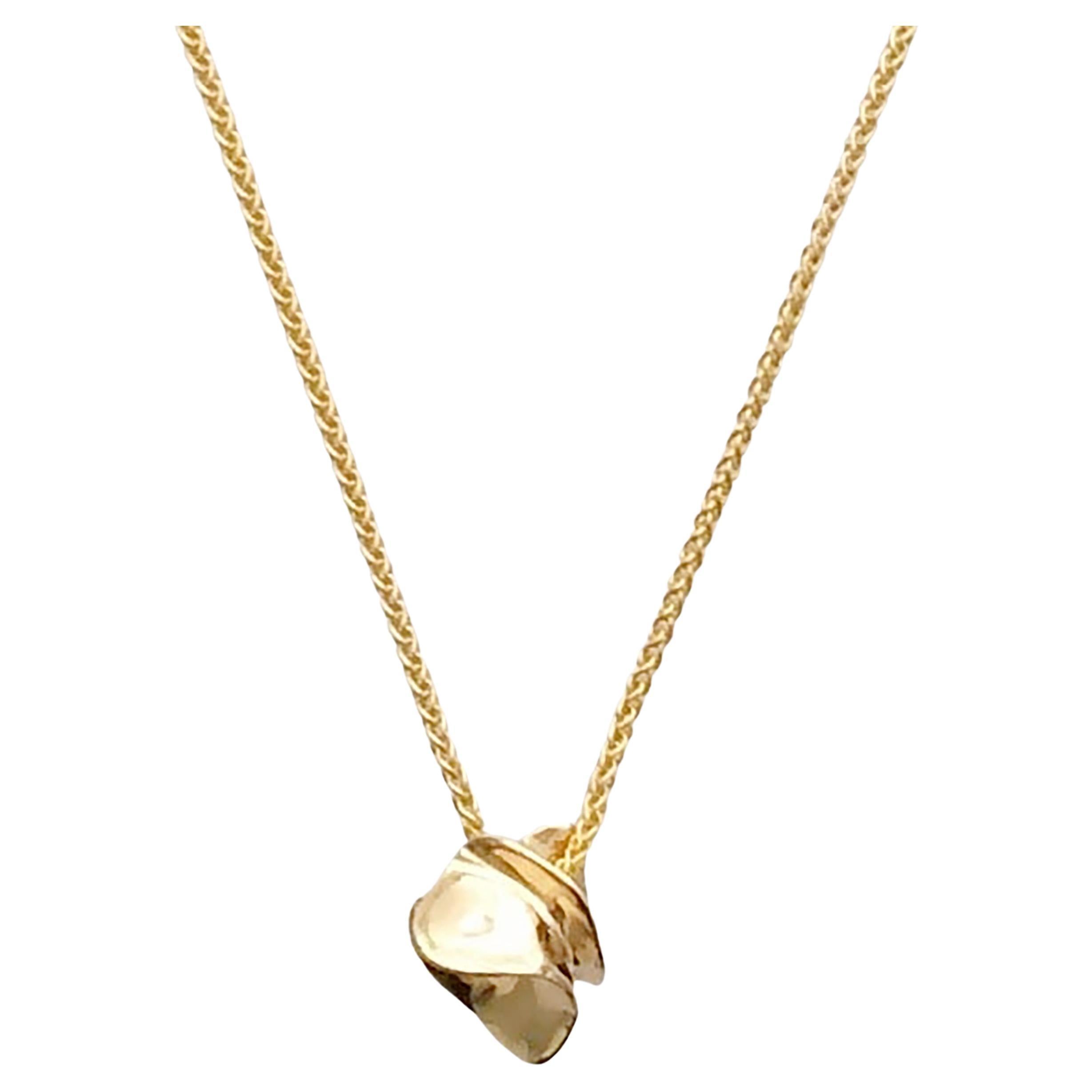 Sculptural Form Contemporary Necklace 14K Gold with Wheat Chain For Sale