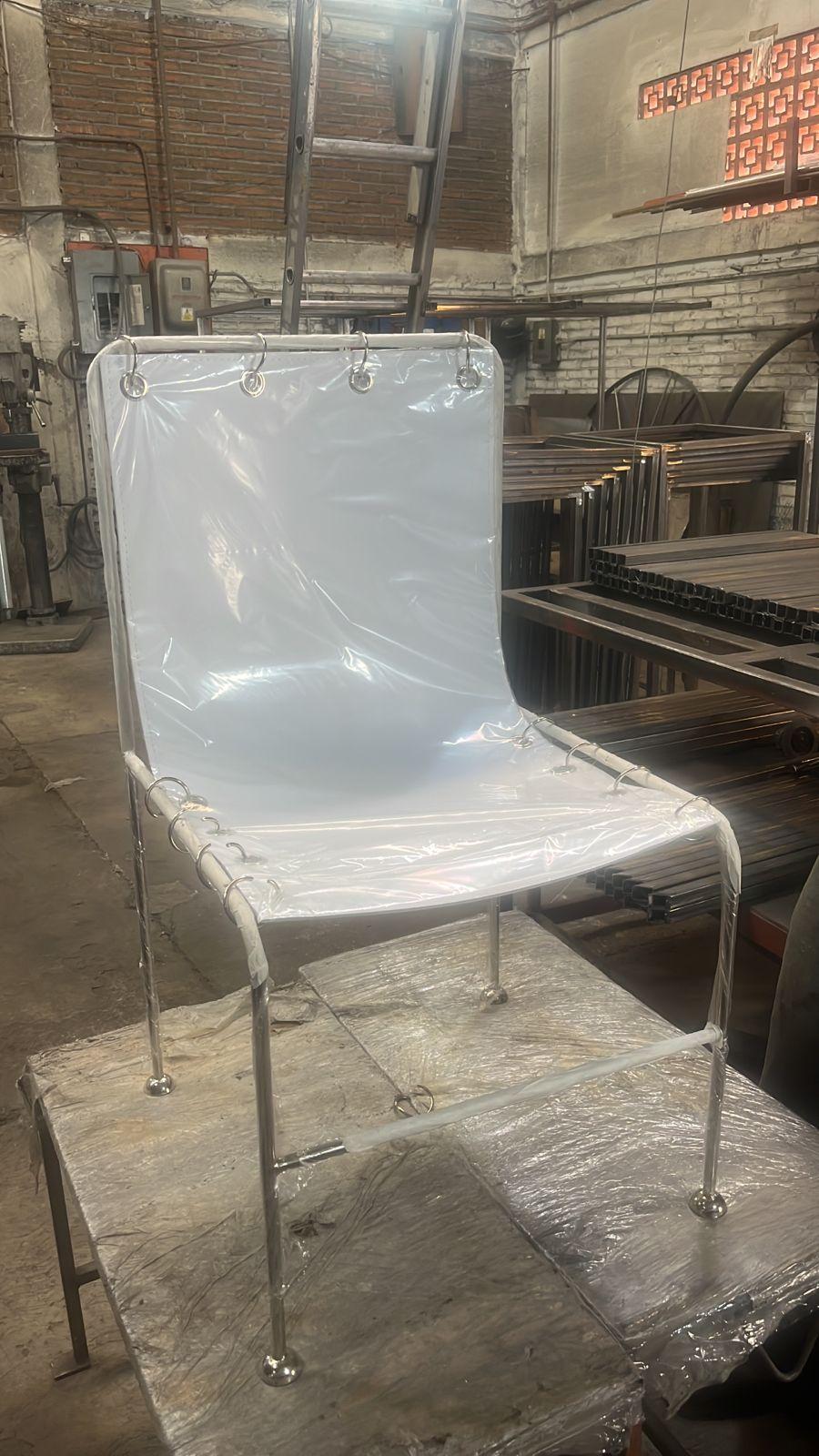 Steel Institution Sculptural Chair, White Lamb Leather For Sale