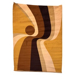 Institutional Du Tapis, Yellow Brown Waves, UNUSED, Rya Rug, Modern Mid Century