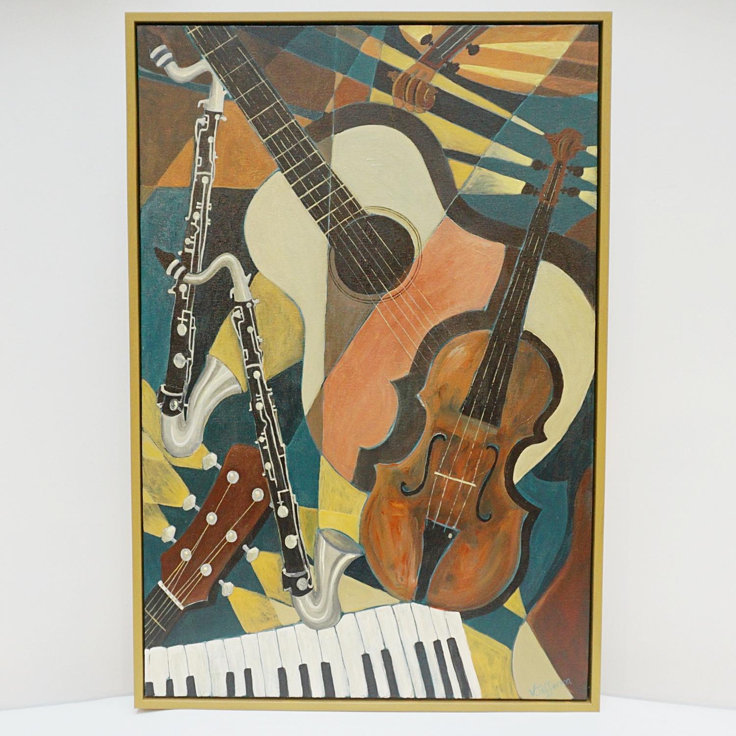 'Instrument' An Art Deco style contemporary painting by Vera Jefferson depicting various instruments amongst a stylised background. Signed V Jefferson to lower right. 

Vera Jefferson trained at Goldsmiths College, London and went on to teach Art