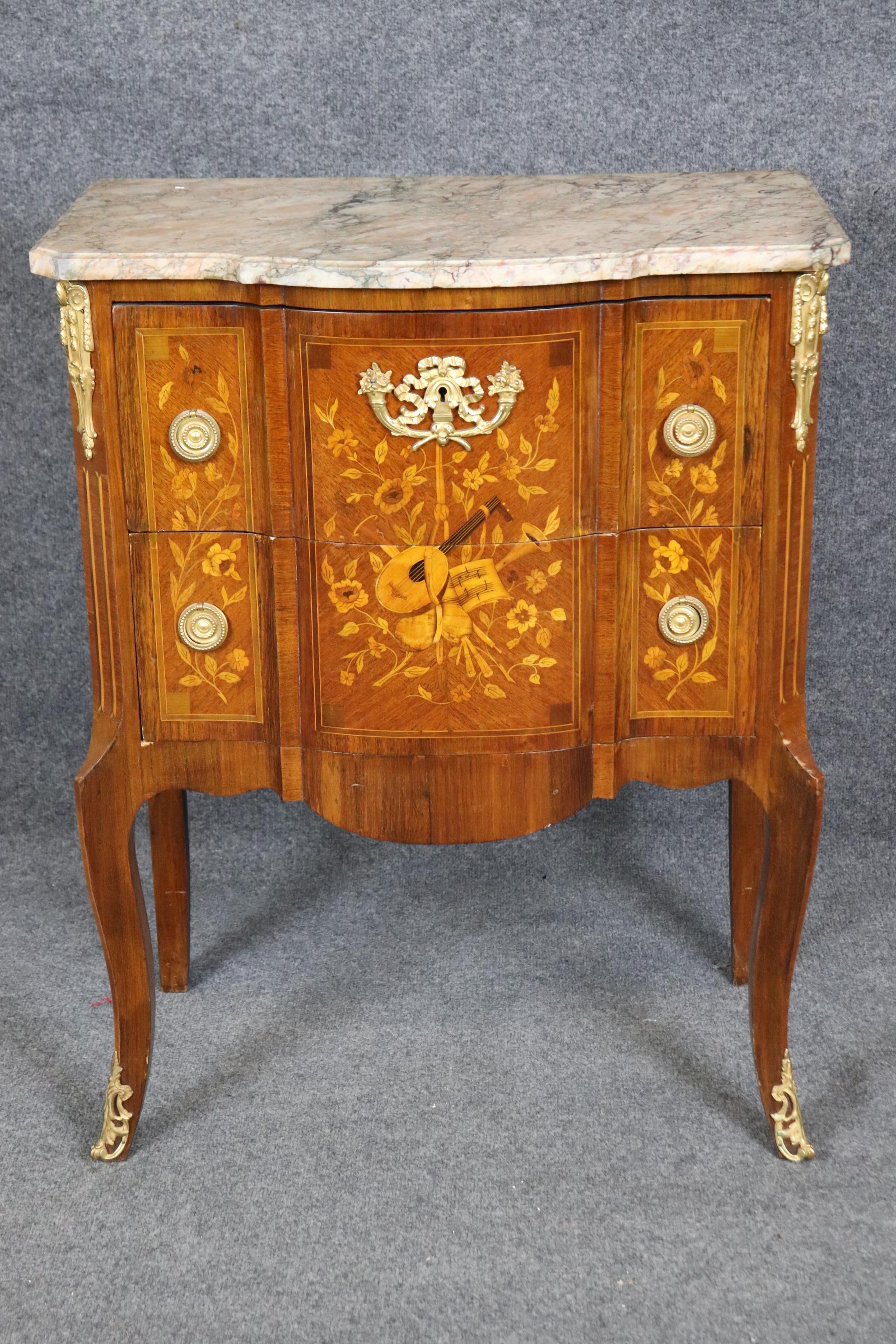 Instrumental Inlaid Kingwood and Satinwood Marble Top French Louis XV Commode For Sale 5