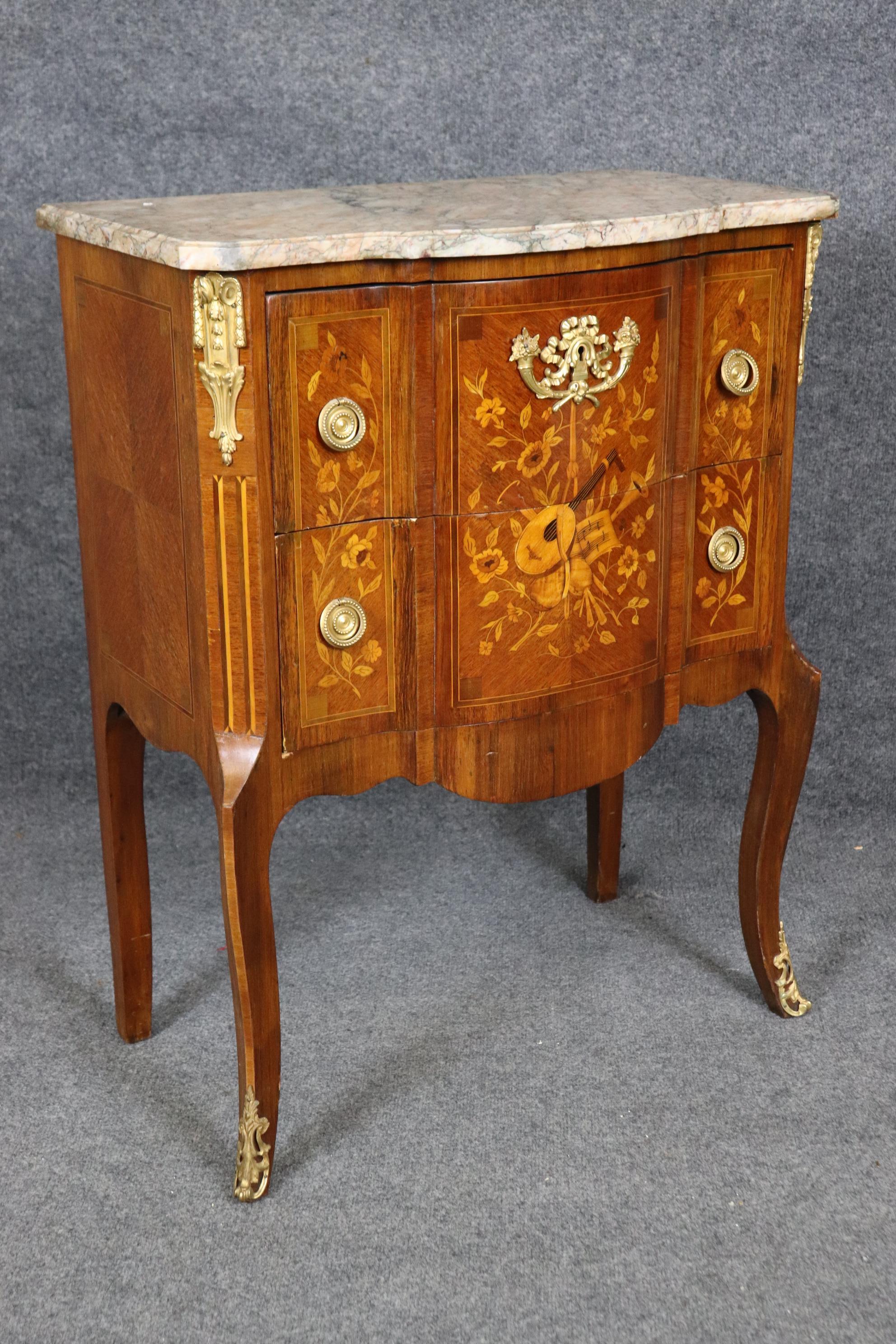 Instrumental Inlaid Kingwood and Satinwood Marble Top French Louis XV Commode For Sale 6