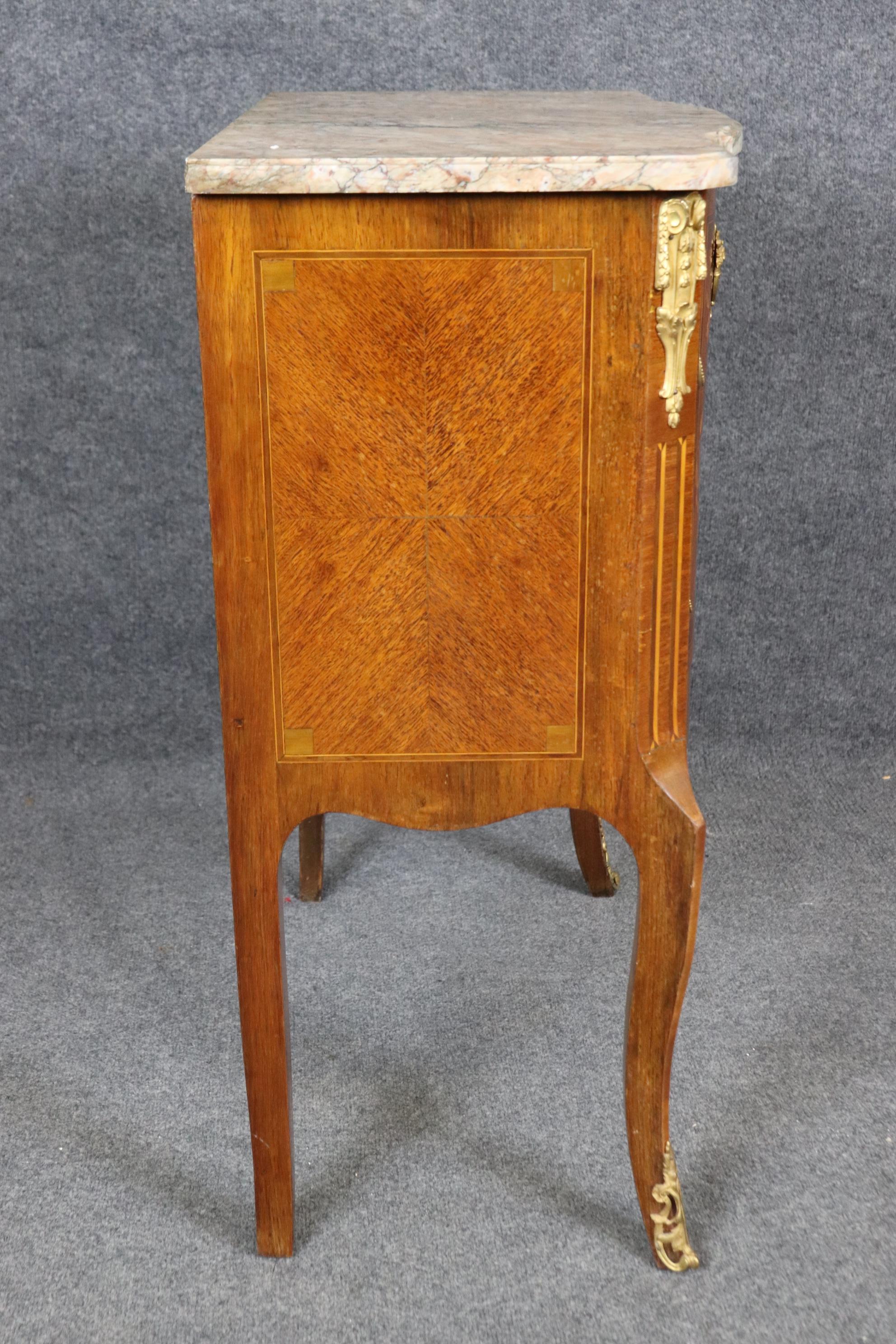 Instrumental Inlaid Kingwood and Satinwood Marble Top French Louis XV Commode For Sale 7