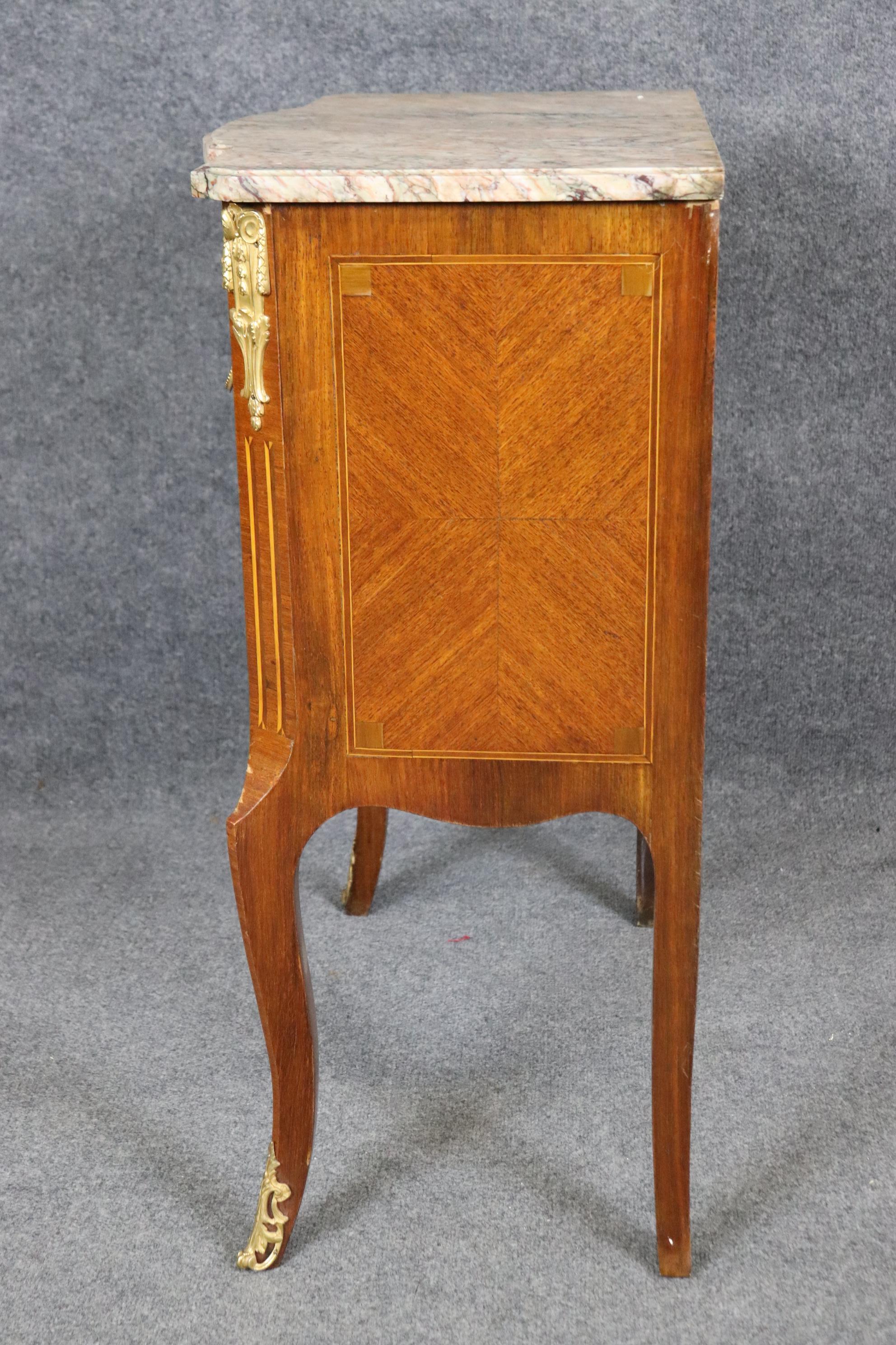 Instrumental Inlaid Kingwood and Satinwood Marble Top French Louis XV Commode For Sale 9