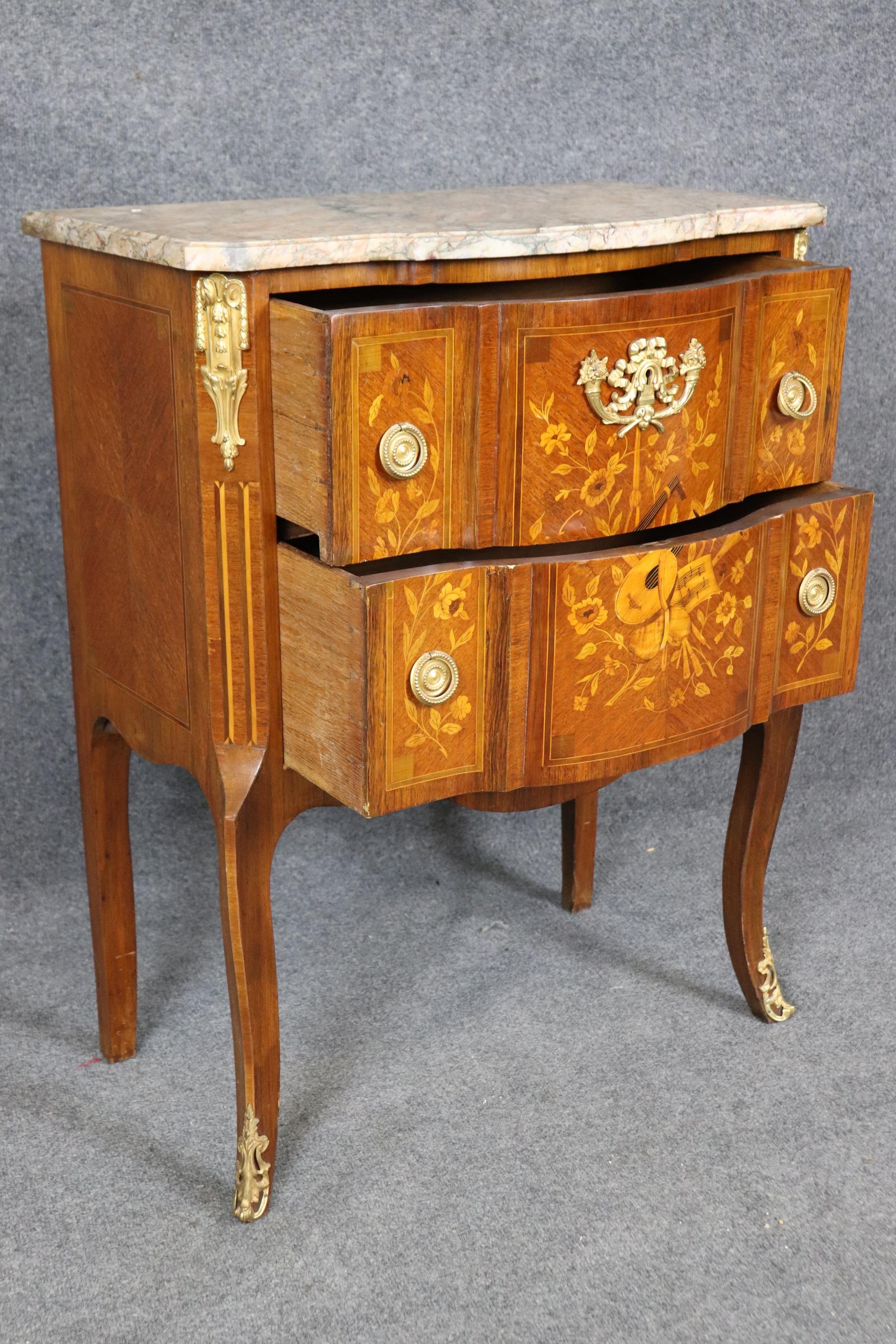 Instrumental Inlaid Kingwood and Satinwood Marble Top French Louis XV Commode For Sale 10