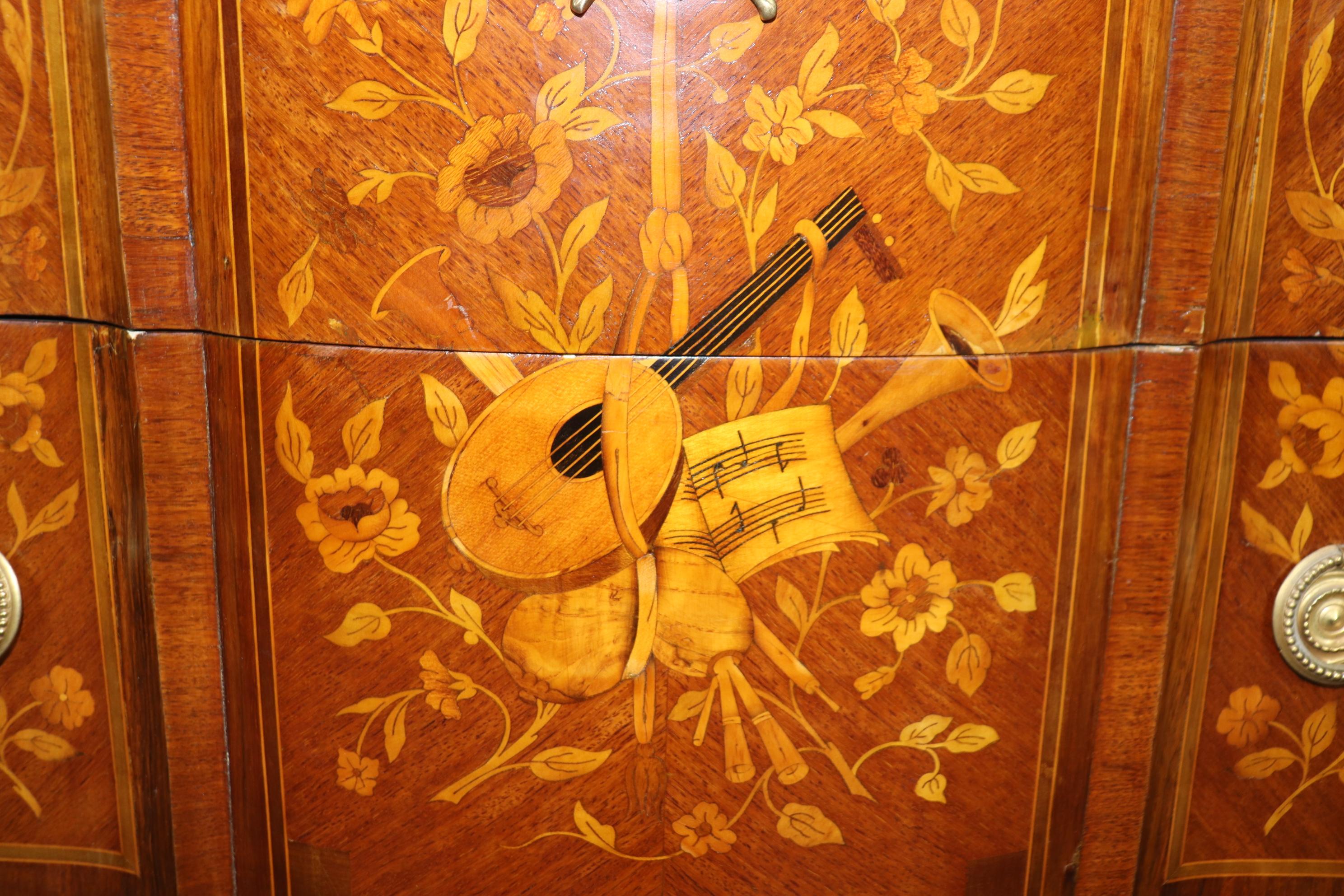 Instrumental Inlaid Kingwood and Satinwood Marble Top French Louis XV Commode In Good Condition For Sale In Swedesboro, NJ