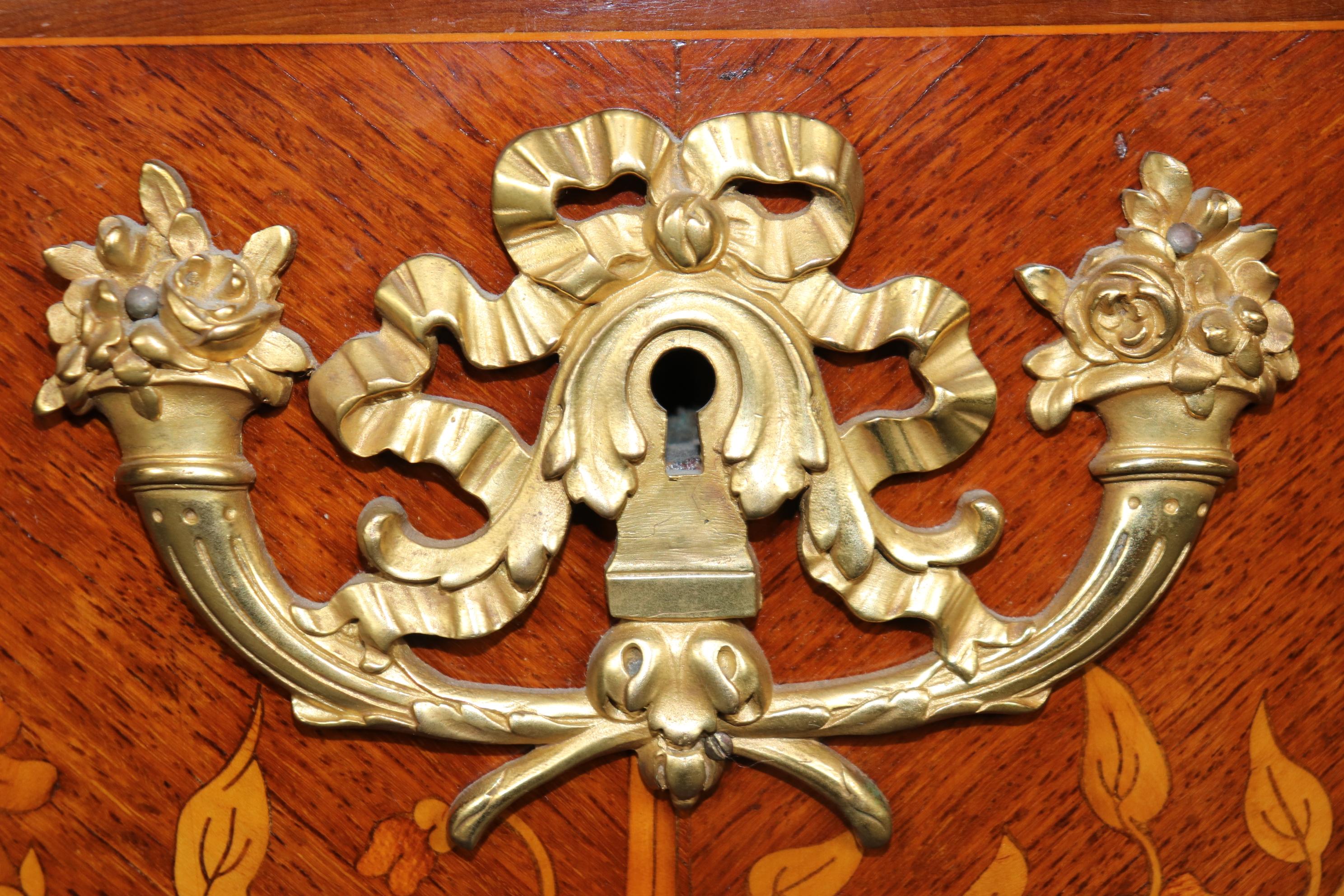 Instrumental Inlaid Kingwood and Satinwood Marble Top French Louis XV Commode For Sale 1