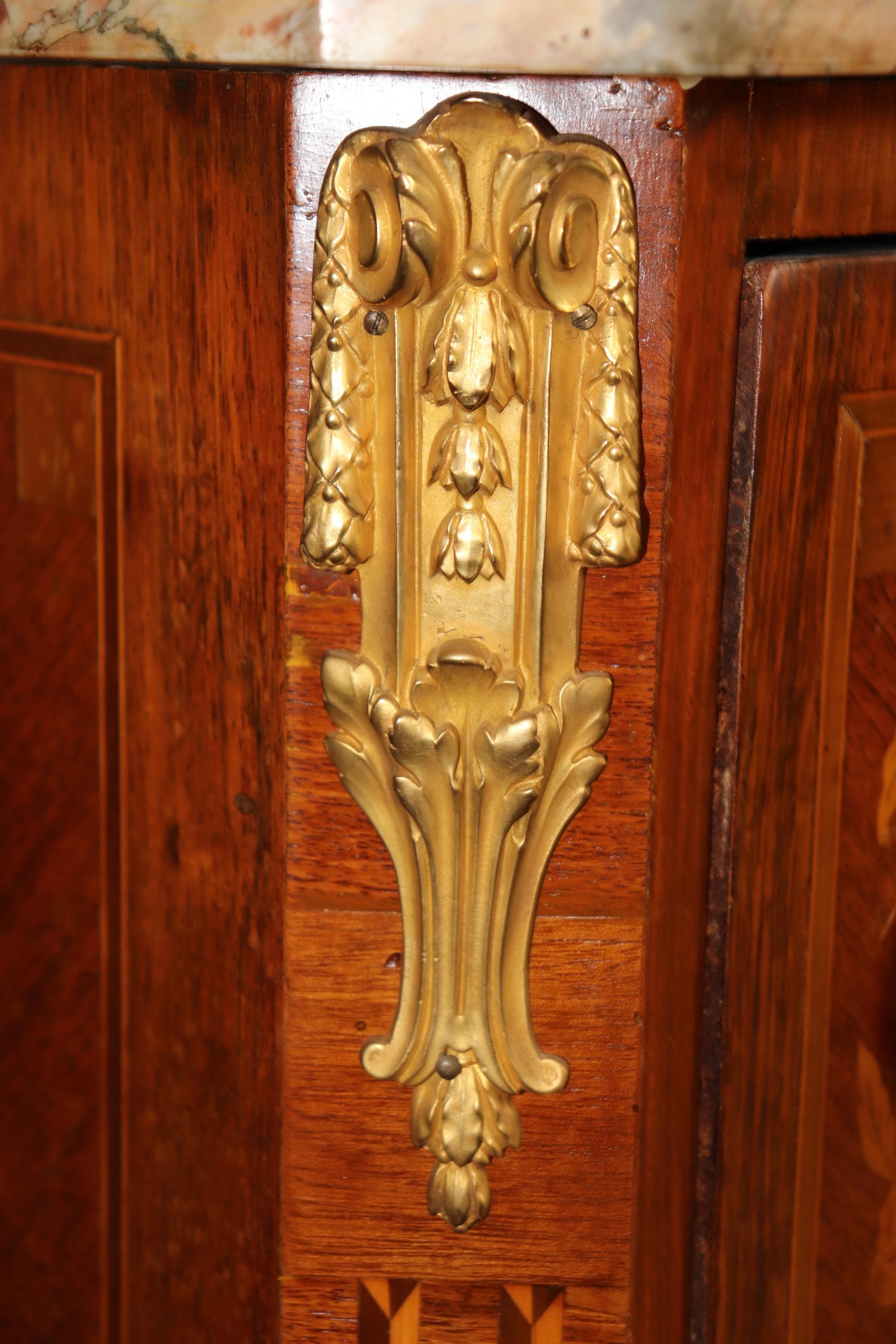 Instrumental Inlaid Kingwood and Satinwood Marble Top French Louis XV Commode For Sale 2