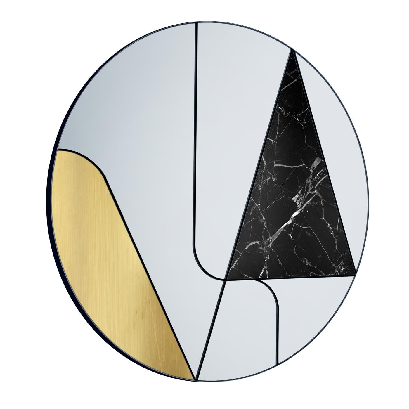 A series of lines cut the space within the round frame of this magnificent mirror, the asymmetric mirrored surfaces adorned with a curved insert in brushed brass and a triangular slab of black Marquina marble. This captivating design is entirely