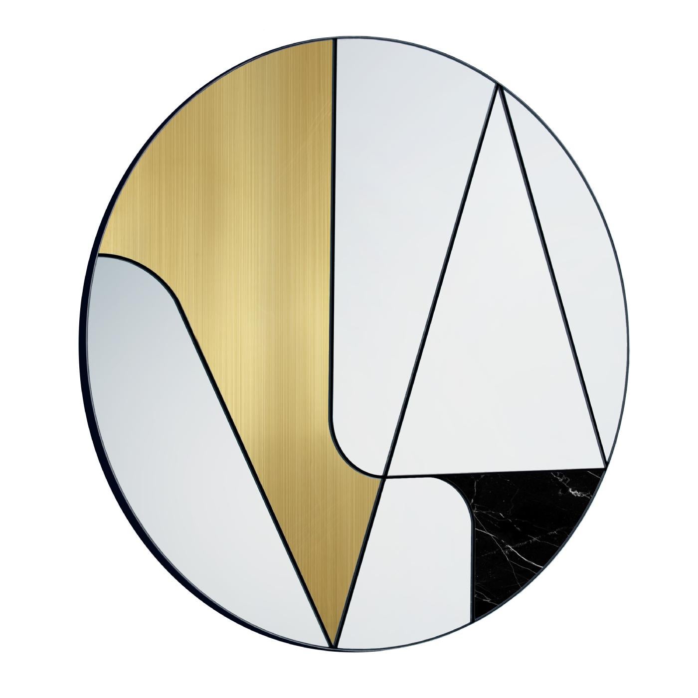 Combining rigorous geometry and asymmetrical proportions, this exquisite mirror is a one-of-a-kind addition to any contemporary interior. Crafted by expert hands, its various elements rest on a wooden base connected with steel setting and creating a