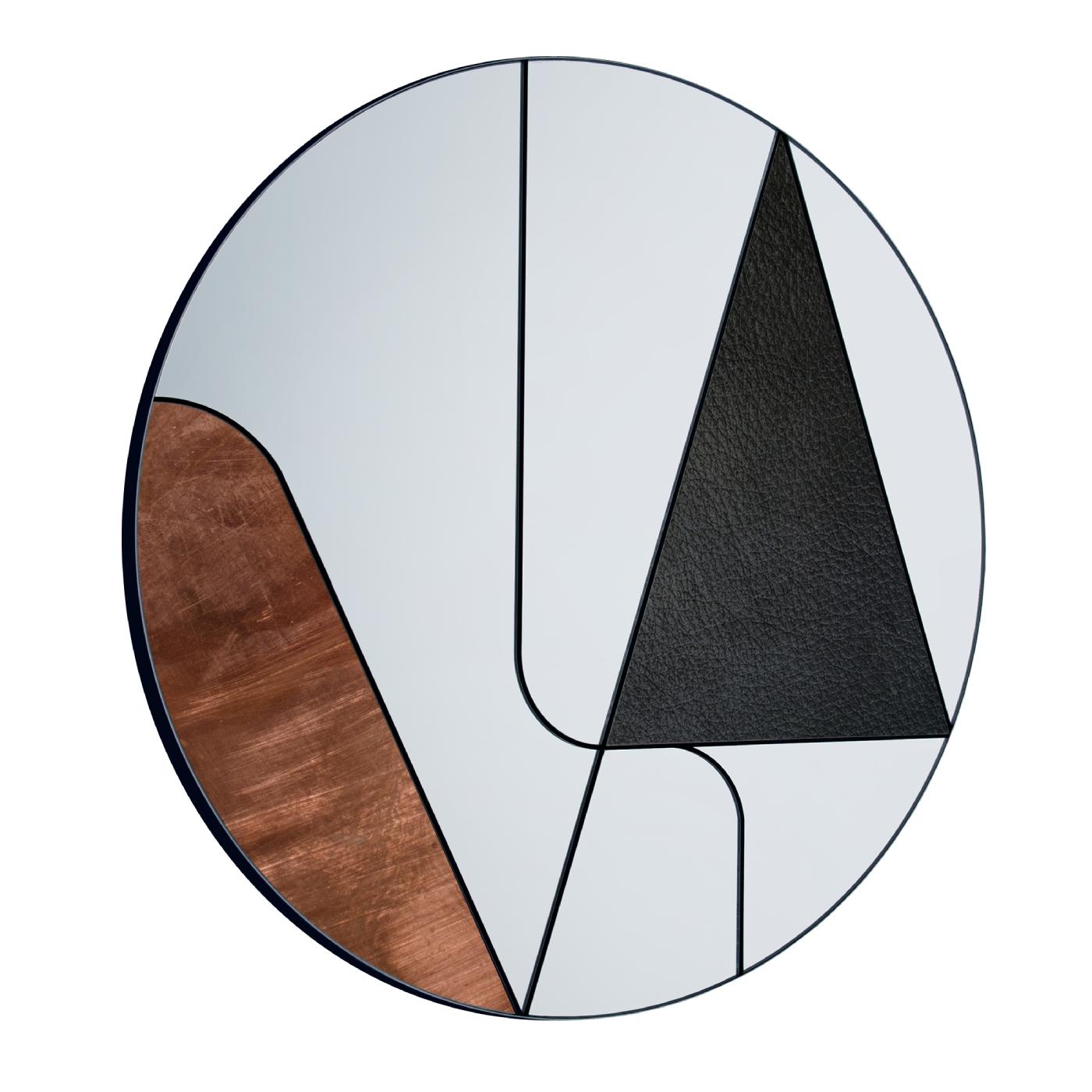 This elegant mirror is a splendid addition to a contemporary interior, where it will enliven an entryway, living room, or powder room wall with its superb contrast of colors, shapes, and materials. Entirely handcrafted, this piece features a round