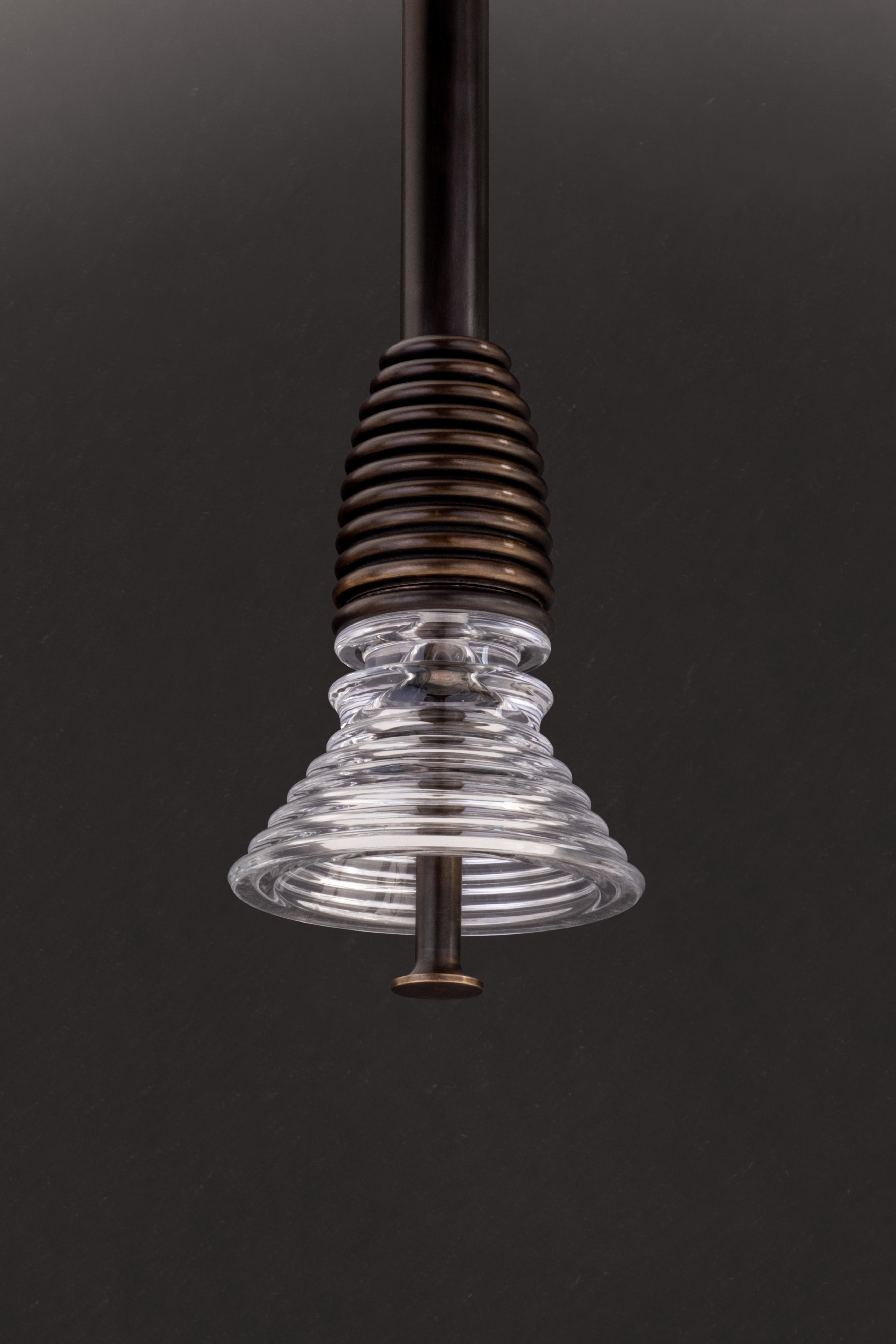 Modern Insulator A Clear Glass and Dark Brass Pendant Light by Novocastrian For Sale